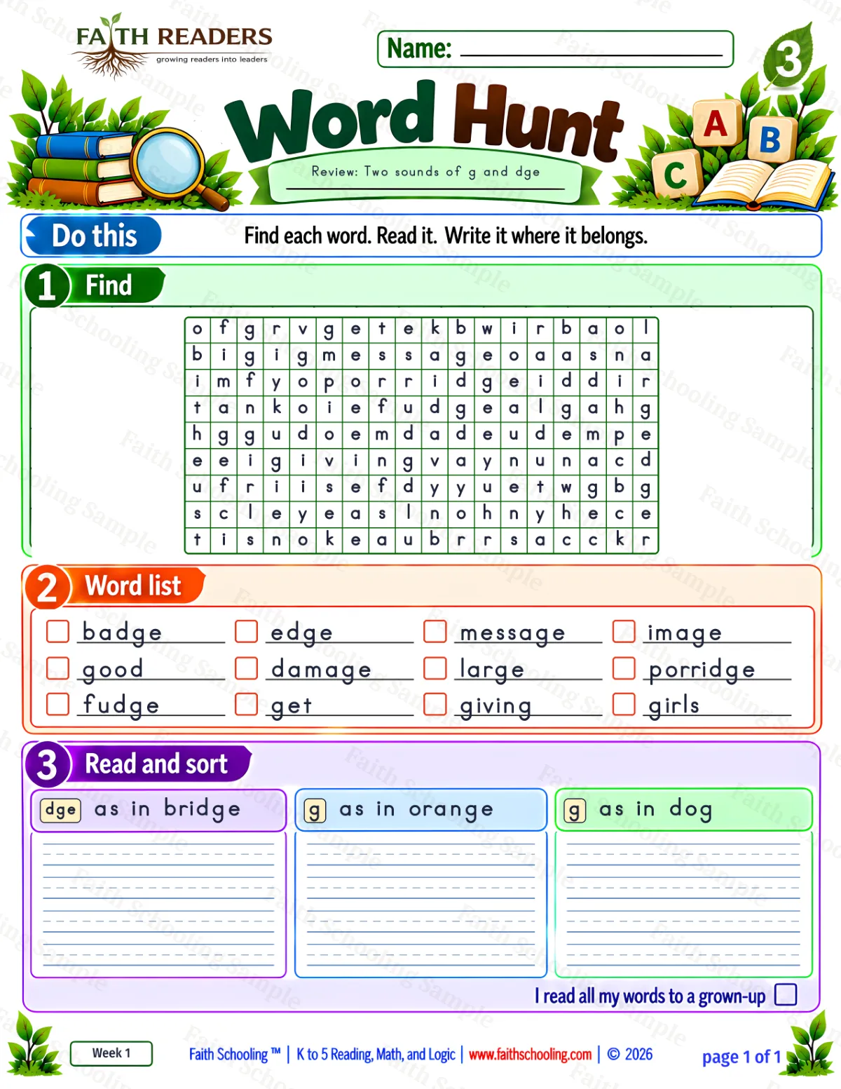 3rd Grade phonics worksheet — Word Hunt 1: The -dge Ending (free printable)