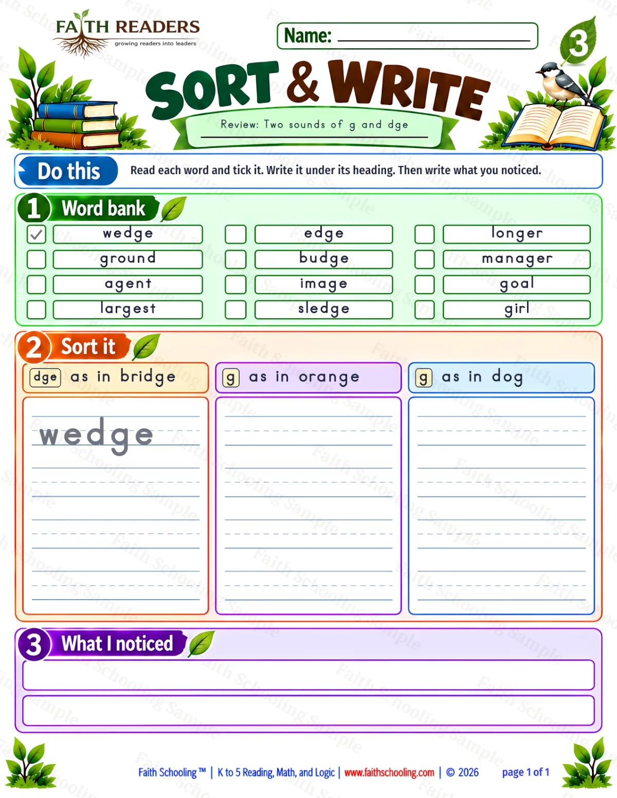 3rd Grade phonics worksheet — Sort And Write 2: The -dge Ending (free printable)