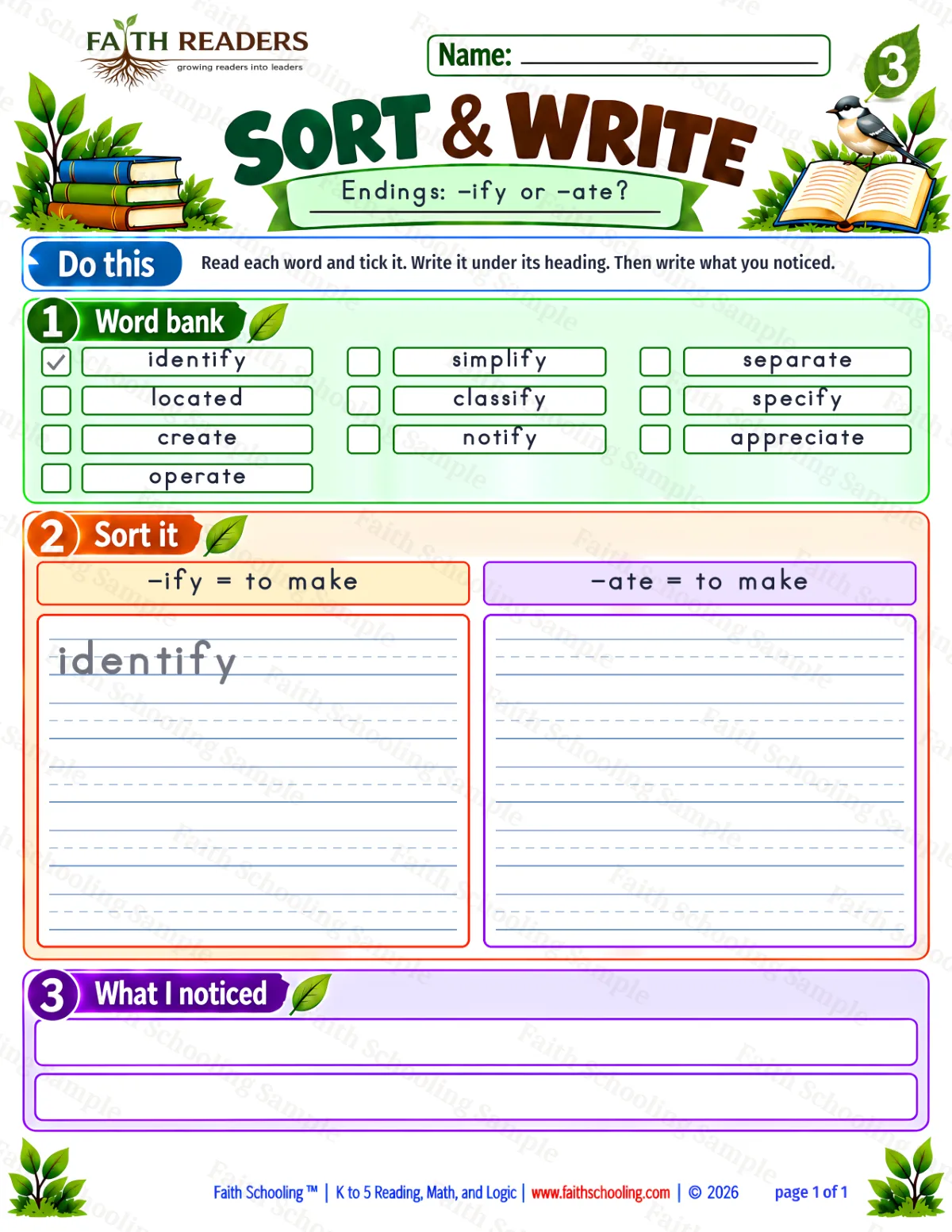 3rd Grade vocabulary & word study worksheet — The -ify Suffix. Sort And Write 1: -ify and -ate (free printable)