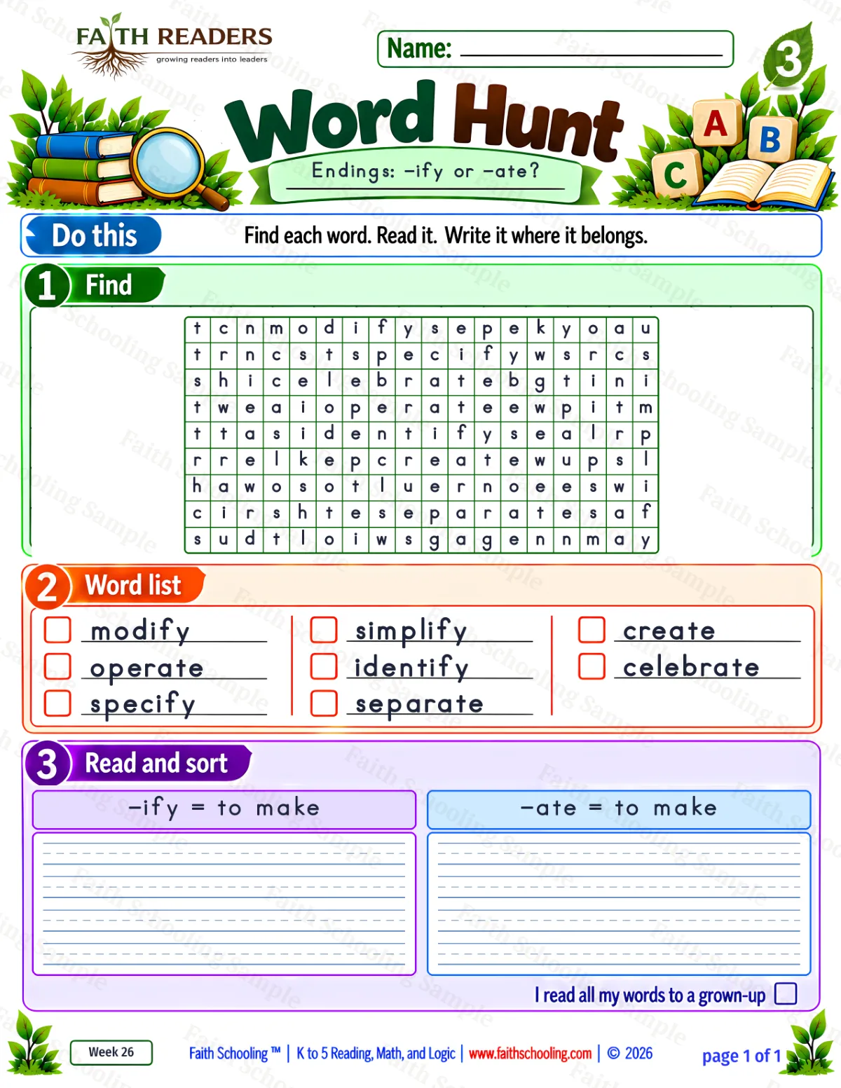 3rd Grade vocabulary & word study worksheet — The -ify Suffix. Word Hunt 1: -ify and -ate (free printable)