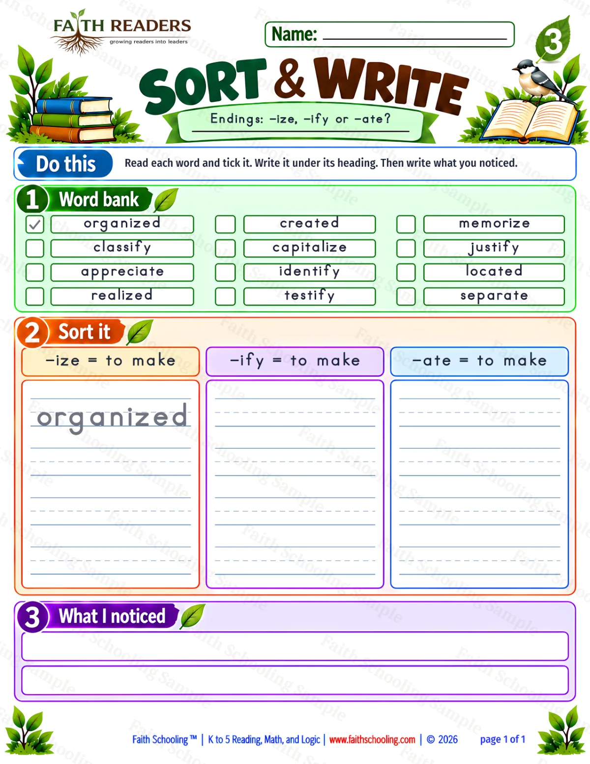 3rd Grade vocabulary & word study worksheet — The -ize Suffix. Sort And Write 1: -ize, -ify and -ate (free printable)