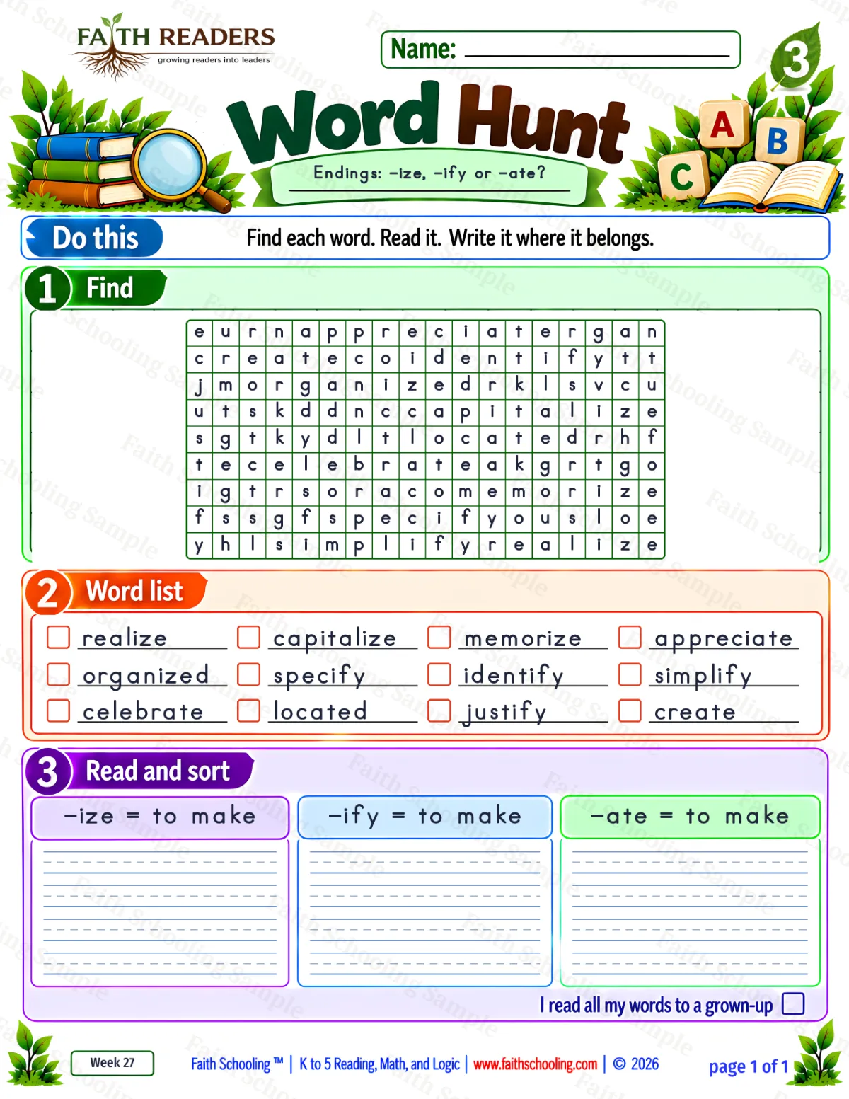3rd Grade vocabulary & word study worksheet — The -ize Suffix. Word Hunt 1: -ize, -ify and -ate (free printable)