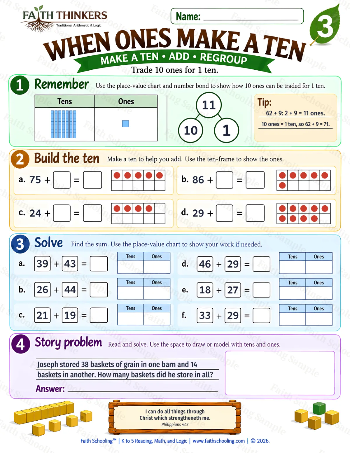 3rd Grade math worksheet — When Ones Make A Ten Practice 1 (free printable)