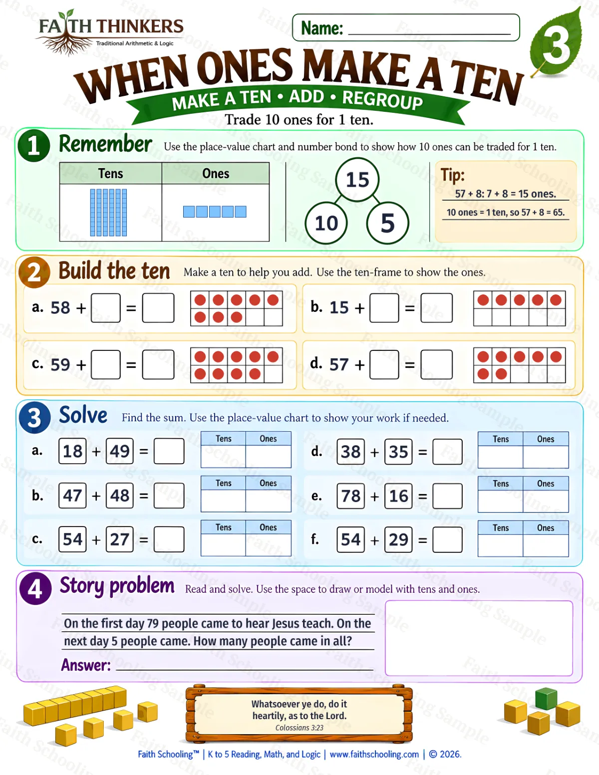 3rd Grade math worksheet — When Ones Make A Ten Practice 2 (free printable)