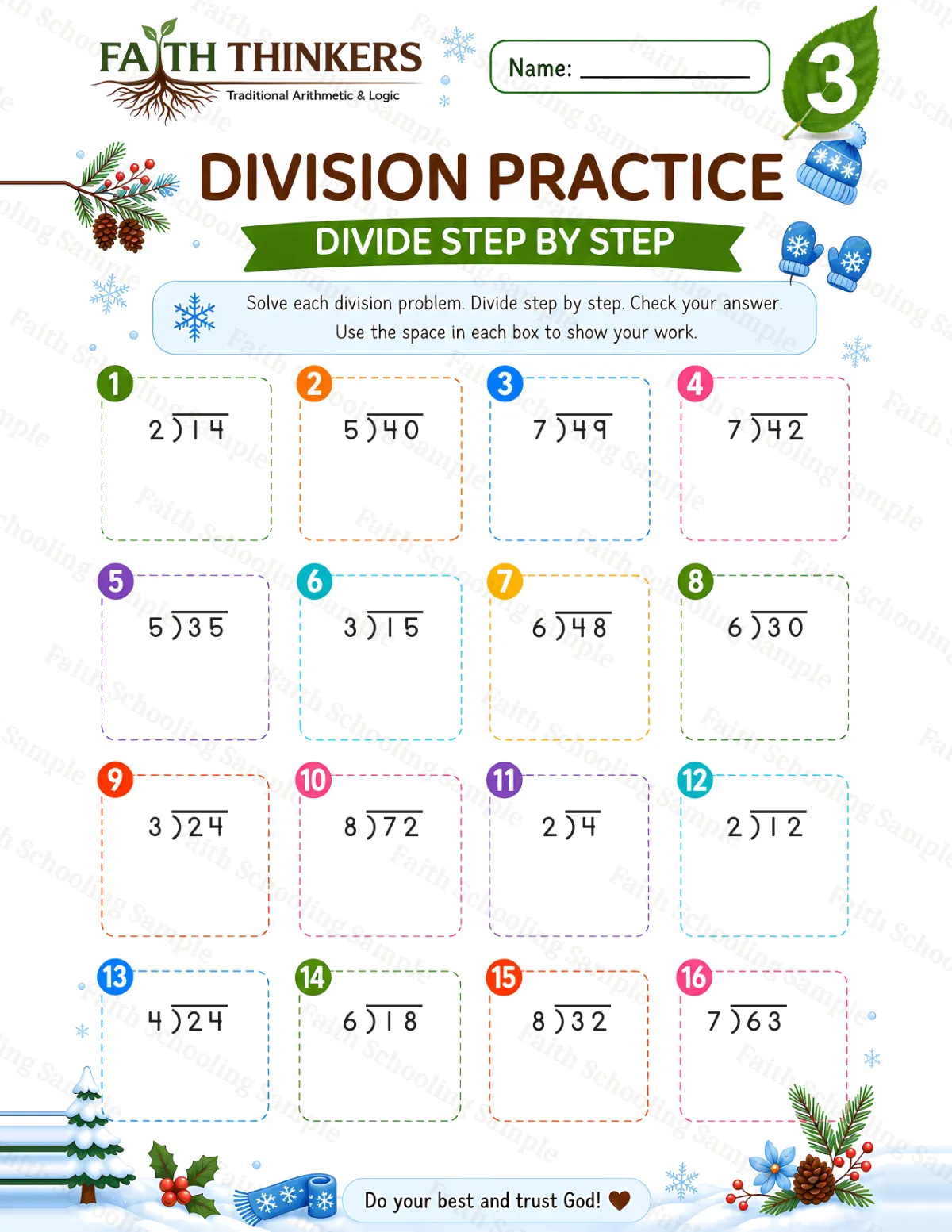 3rd Grade math worksheet — Winter Division Practice 1 (free printable)