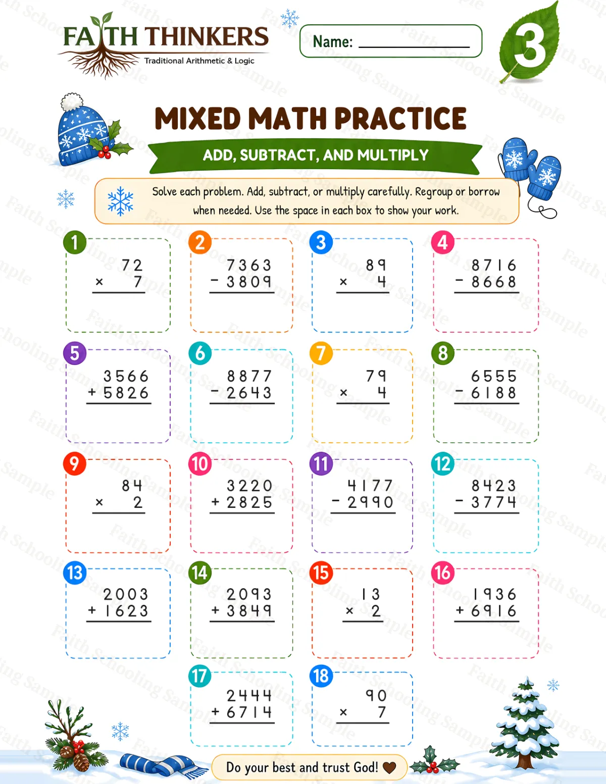3rd Grade math worksheet — Winter Mixed Practice 1 (free printable)
