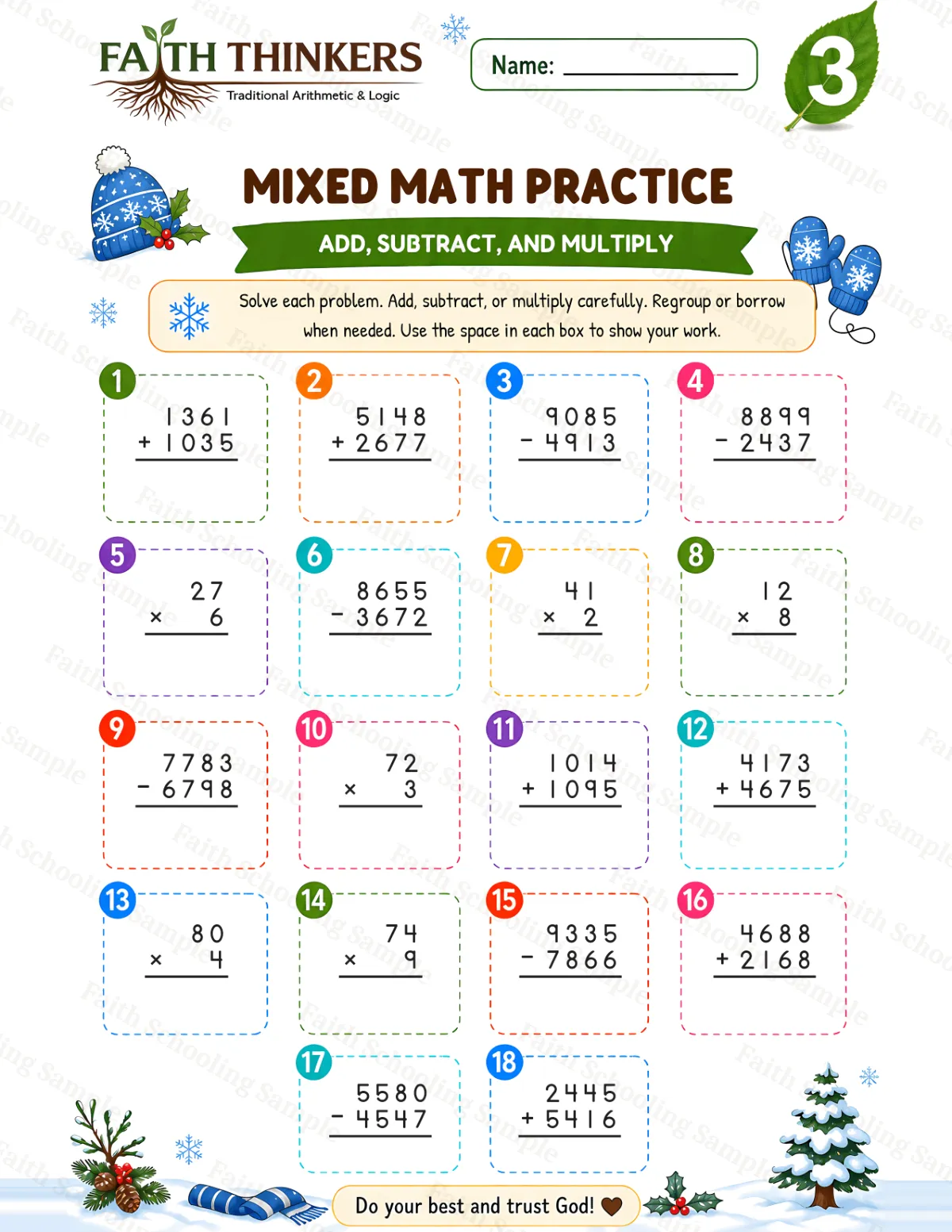 3rd Grade math worksheet — Winter Mixed Practice 2 (free printable)