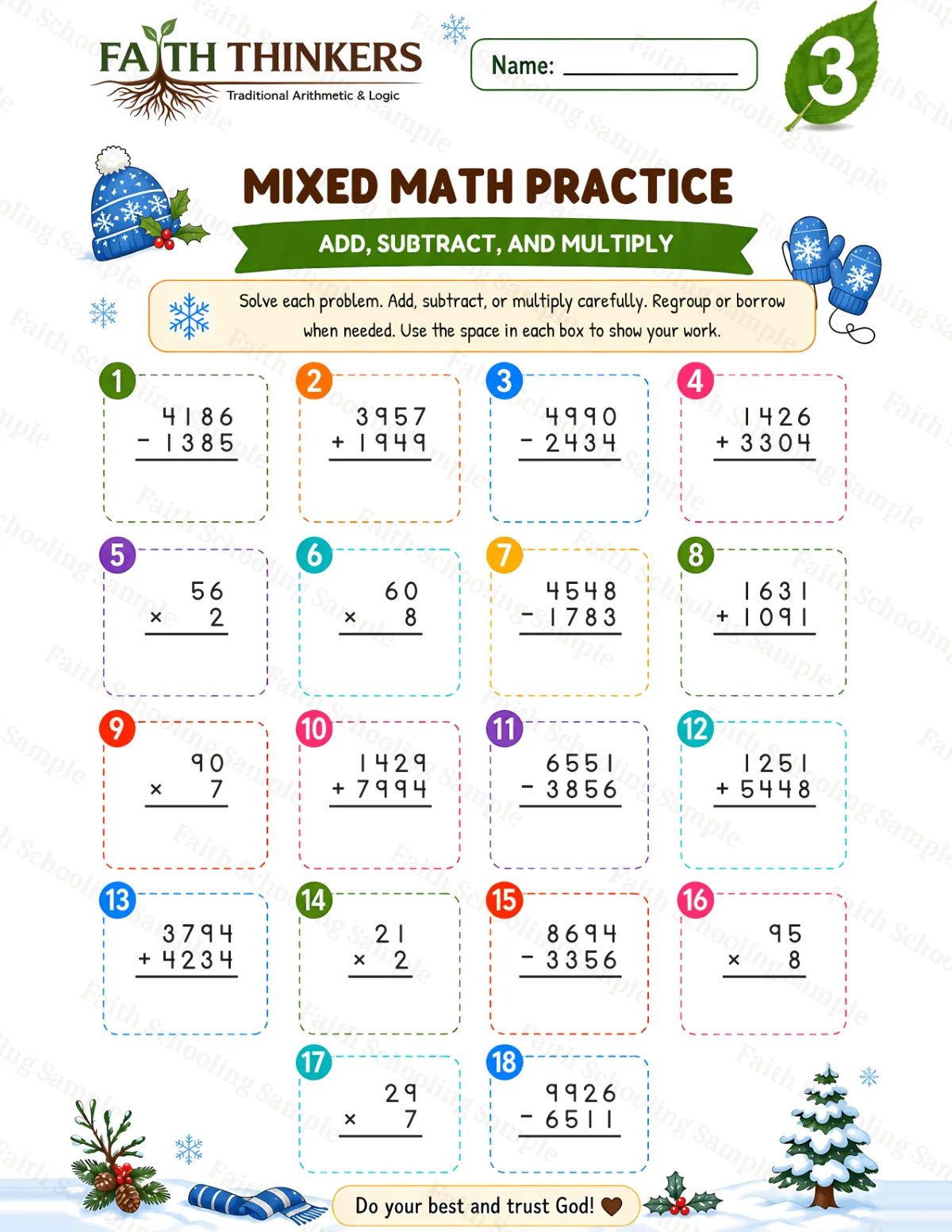 3rd Grade math worksheet — Winter Mixed Practice 3 (free printable)