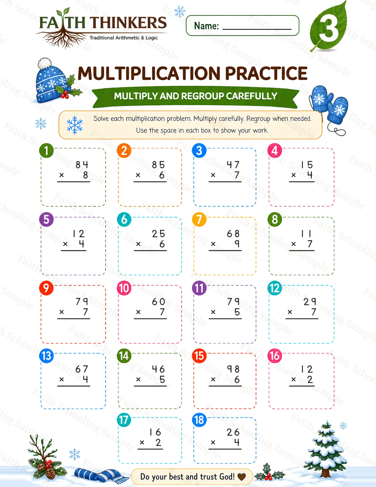 3rd Grade math worksheet — Winter Multiplication Practice 2 (free printable)