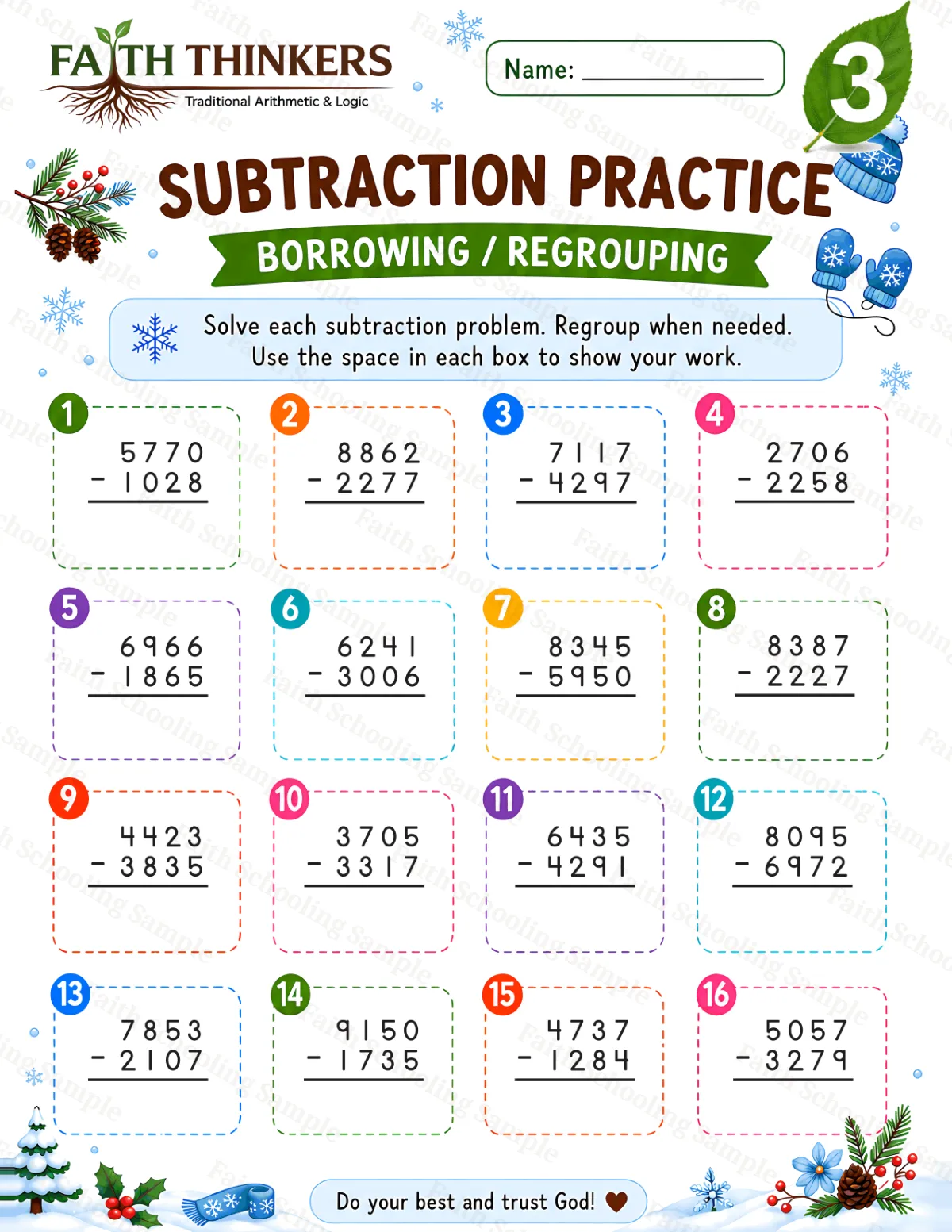3rd Grade math worksheet — Winter Subtraction Practice 2 (free printable)