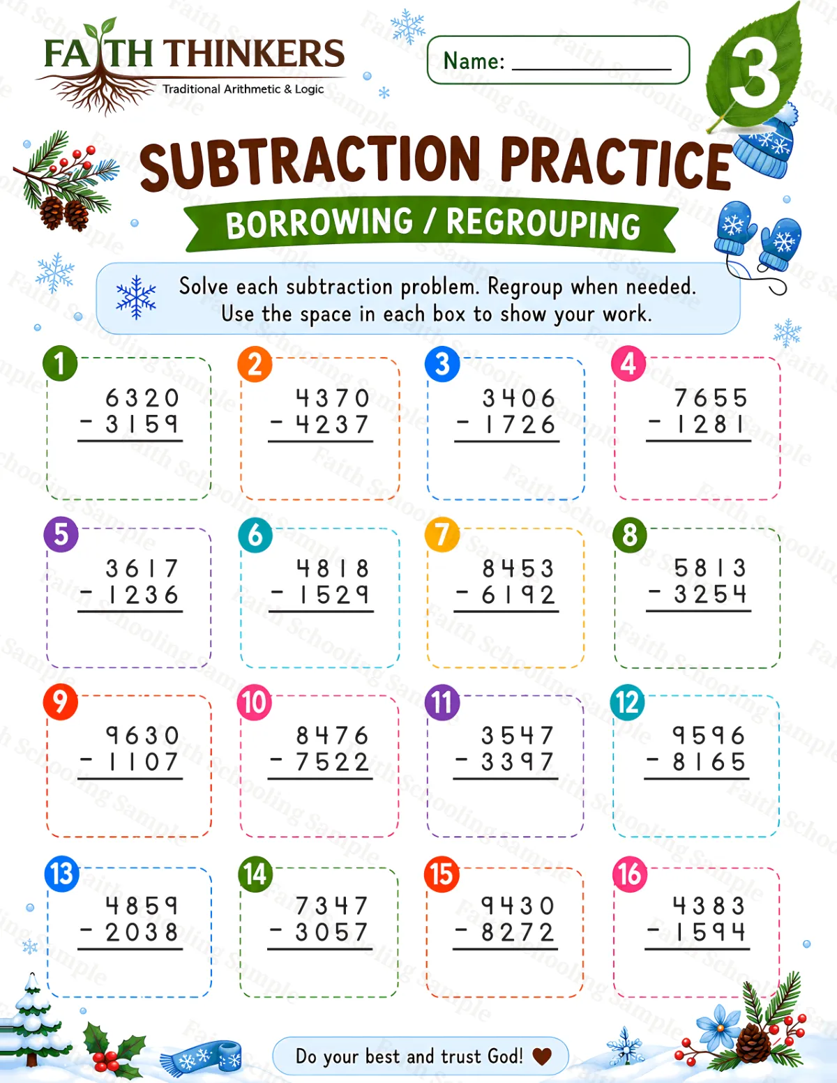 3rd Grade math worksheet — Winter Subtraction Practice 3 (free printable)