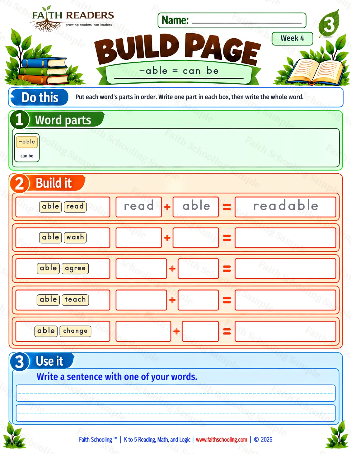 3rd Grade phonics worksheet — Word Building & Unscramble. Build 2: -able = can be (free printable)