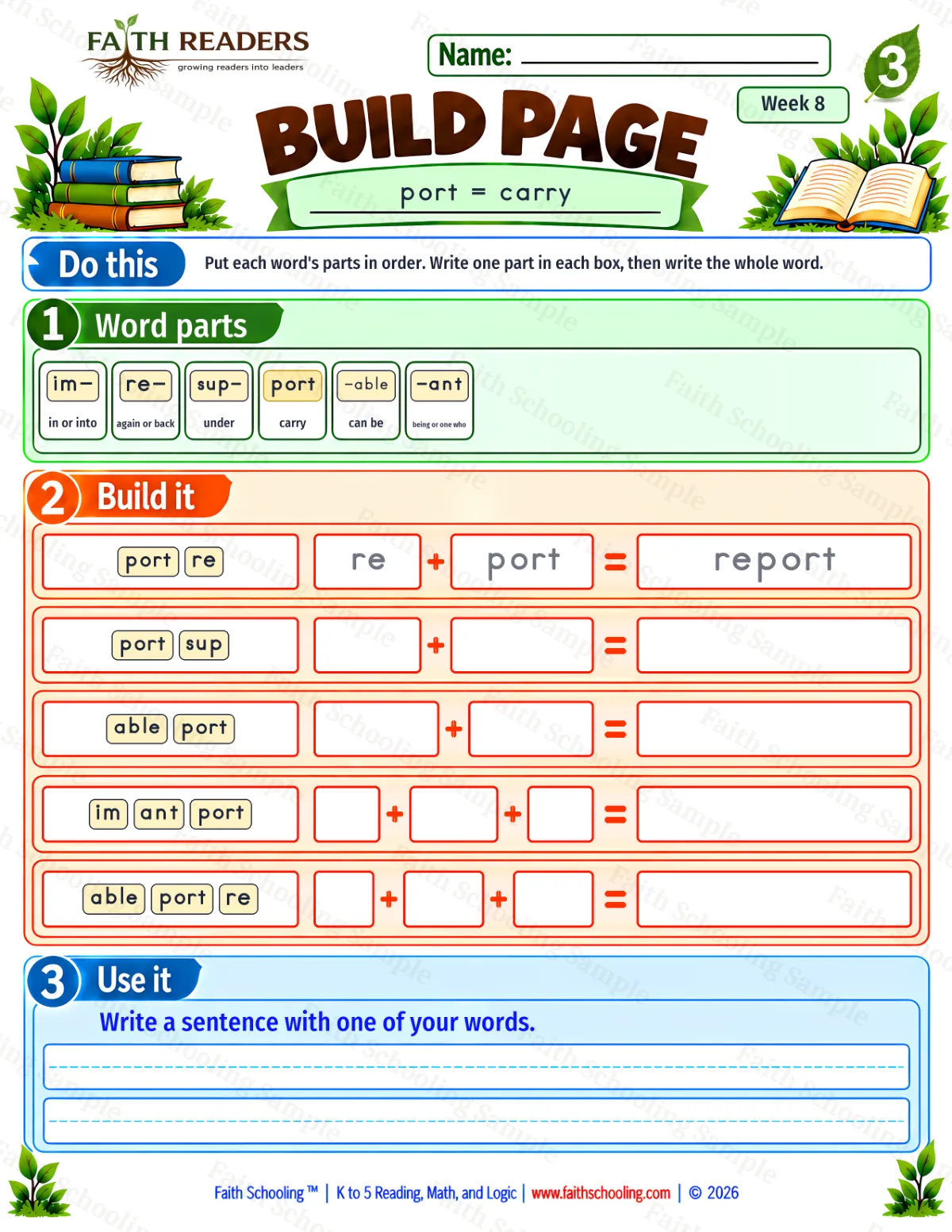 3rd Grade phonics worksheet — Word Building & Unscramble. Build 3: port = carry (free printable)