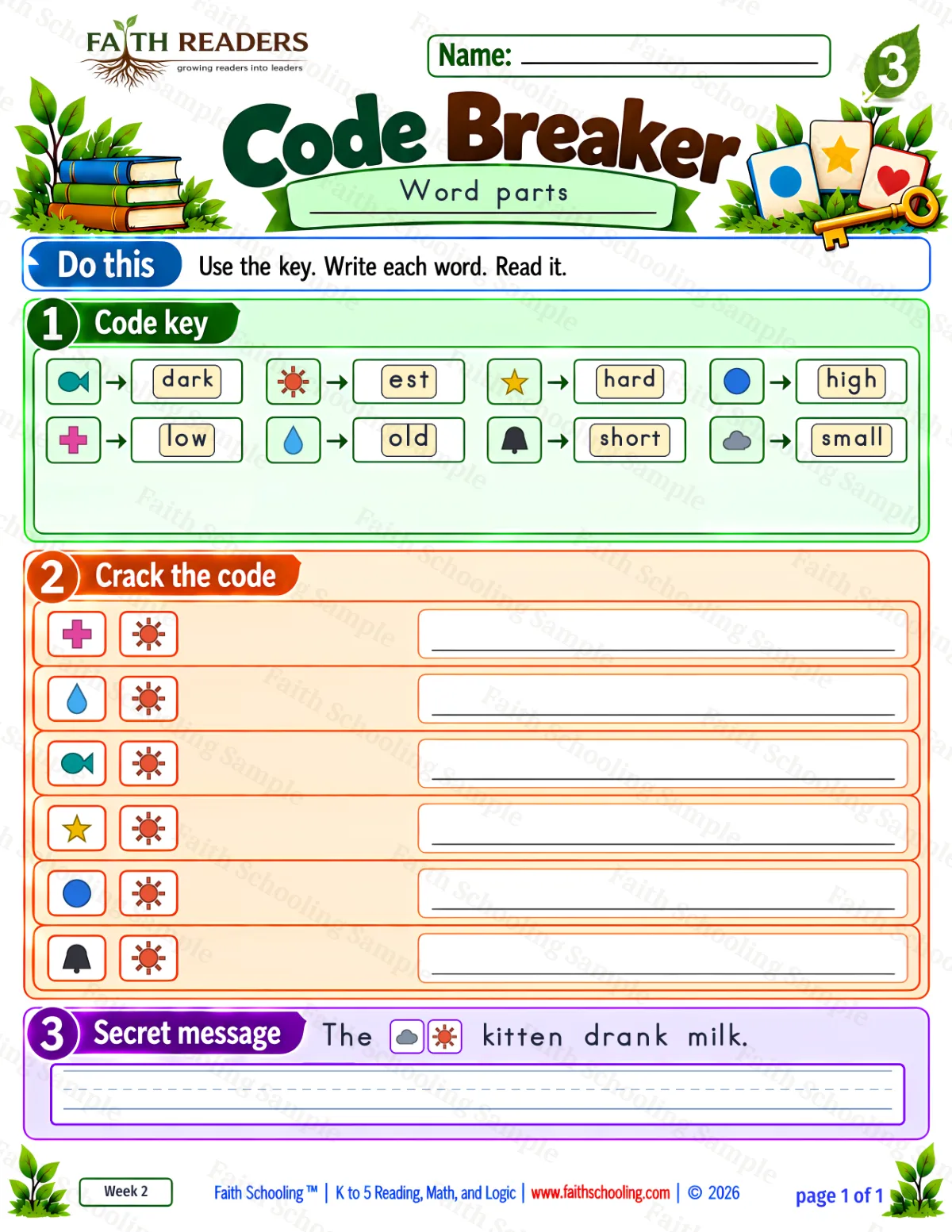 3rd Grade phonics worksheet — Word Games & Puzzles. Code Breaker 1: lowest, oldest, darkest and hardest (free printable)