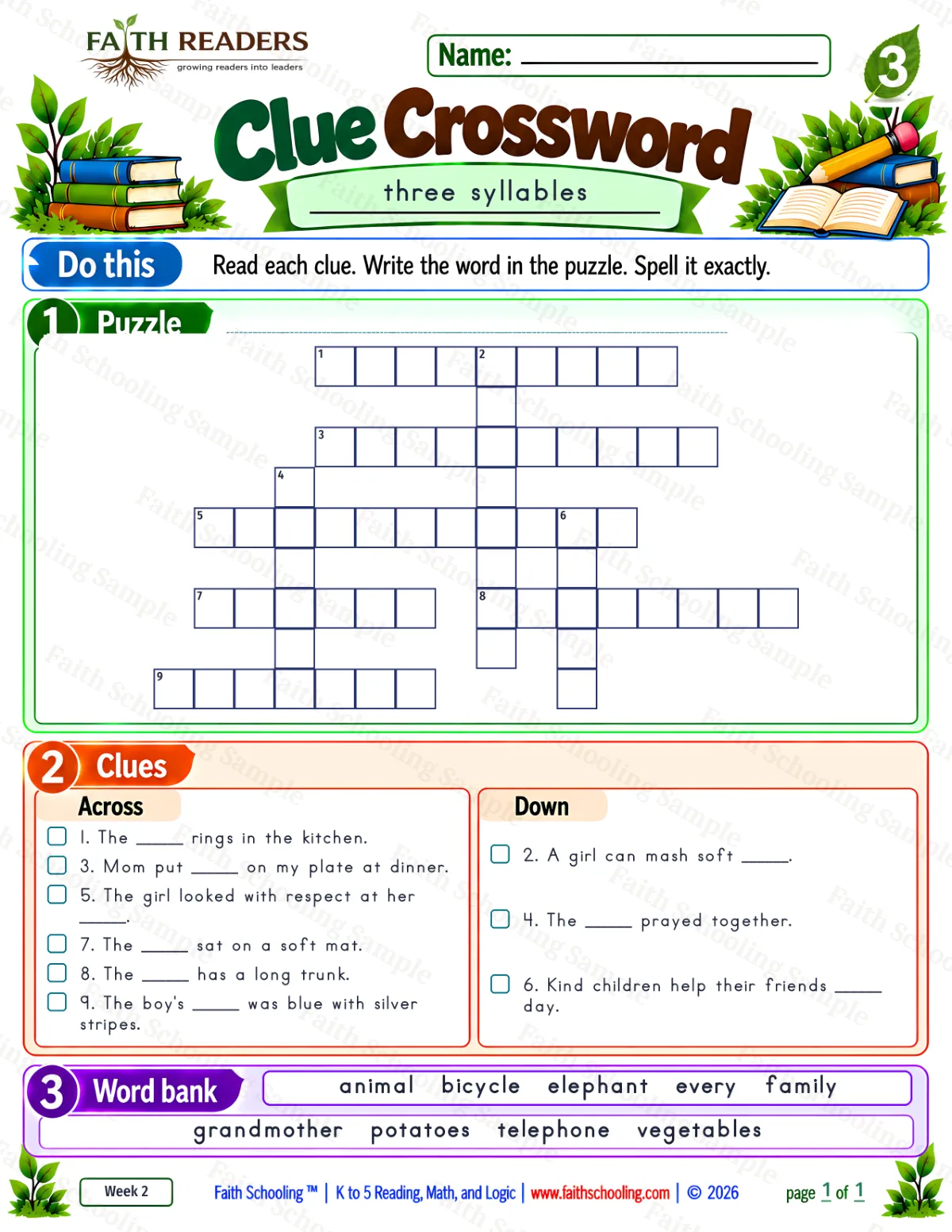 3rd Grade phonics worksheet — Word Games & Puzzles. Clue Crossword 1: three syllables (free printable)