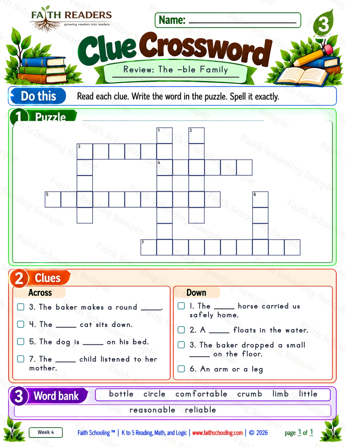 3rd Grade phonics worksheet — Word Games & Puzzles. Clue Crossword 2: The -ble Family (free printable)