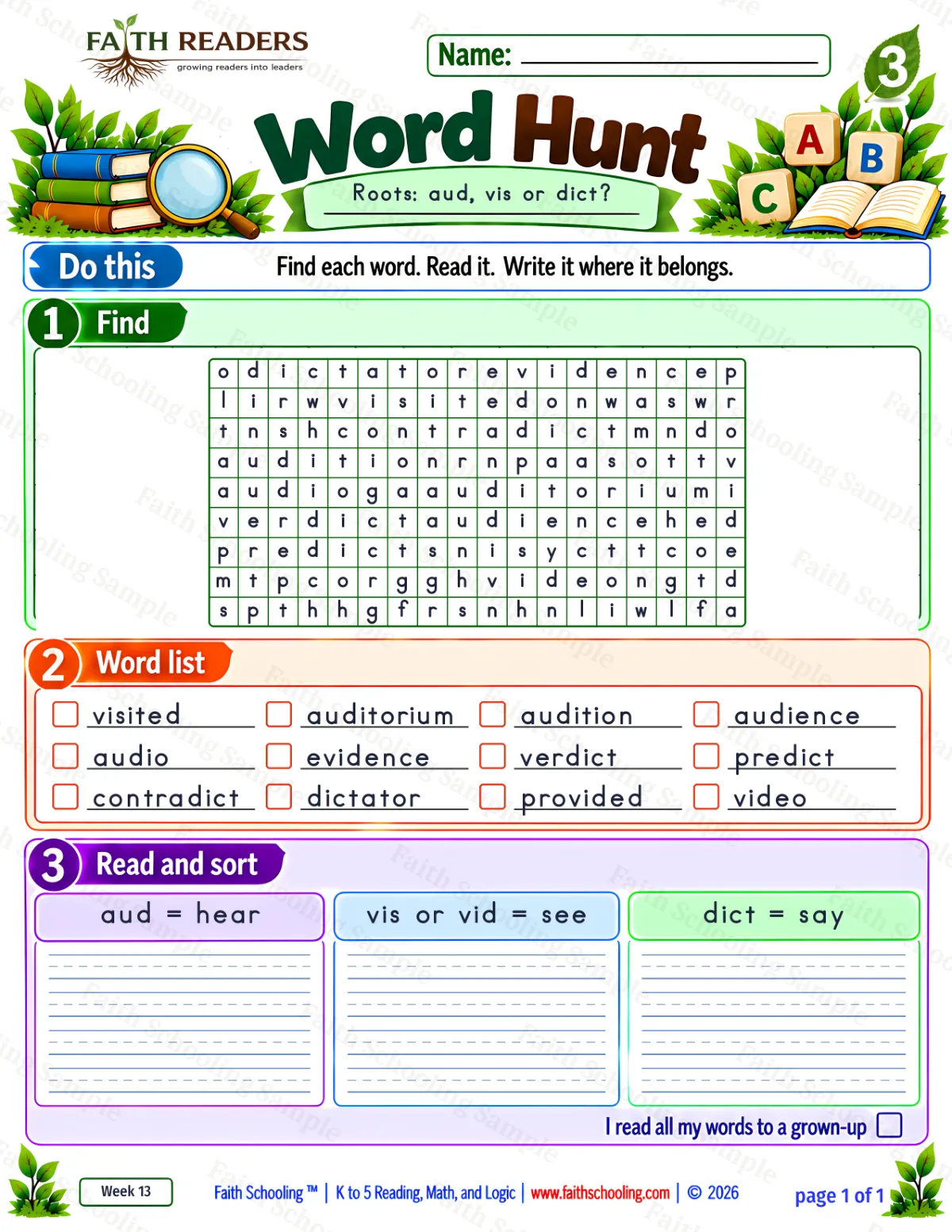 3rd Grade vocabulary & word study worksheet — Word Roots: aud = hear. Word Hunt 1: aud, vis and dict (free printable)