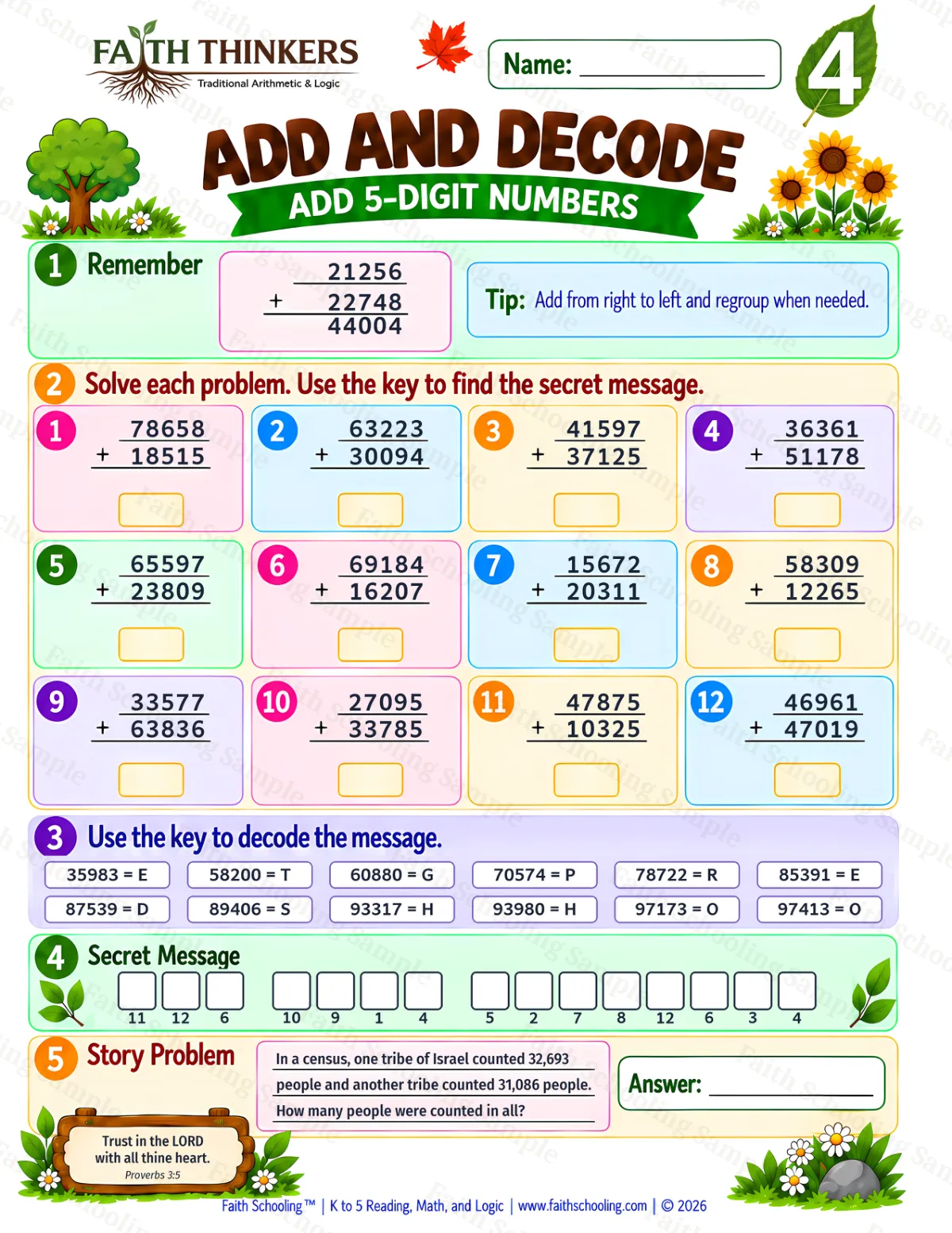 4th Grade math worksheet — Addition with Regrouping Practice 2 (free printable)