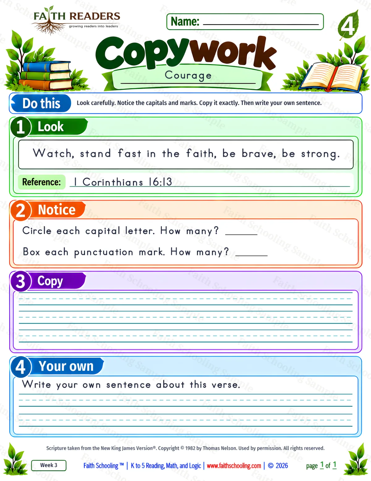 4th Grade grammar & writing worksheet — Copywork 2: 1 Corinthians 16:13 (Courage) (free printable)