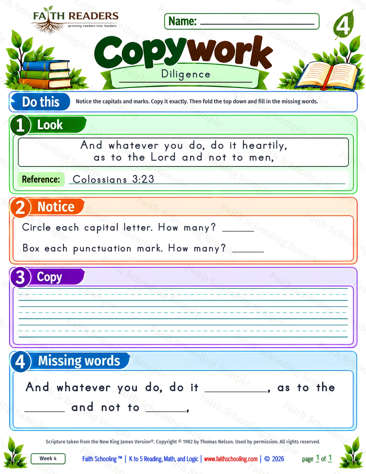 4th Grade grammar & writing worksheet — Copywork 3: Colossians 3:23 (Diligence) (free printable)