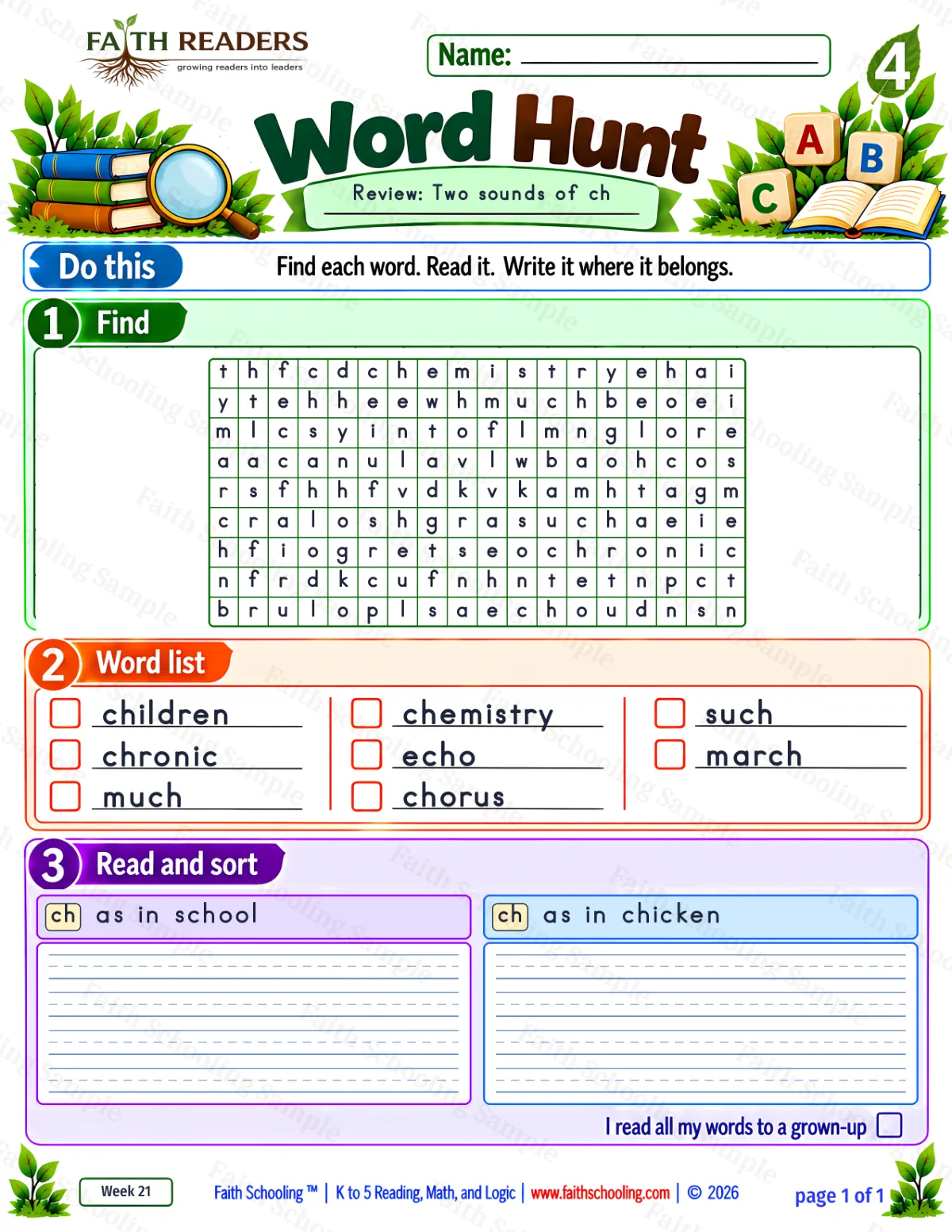 4th Grade phonics worksheet — Word Hunt 1: When CH Says /K/ (free printable)