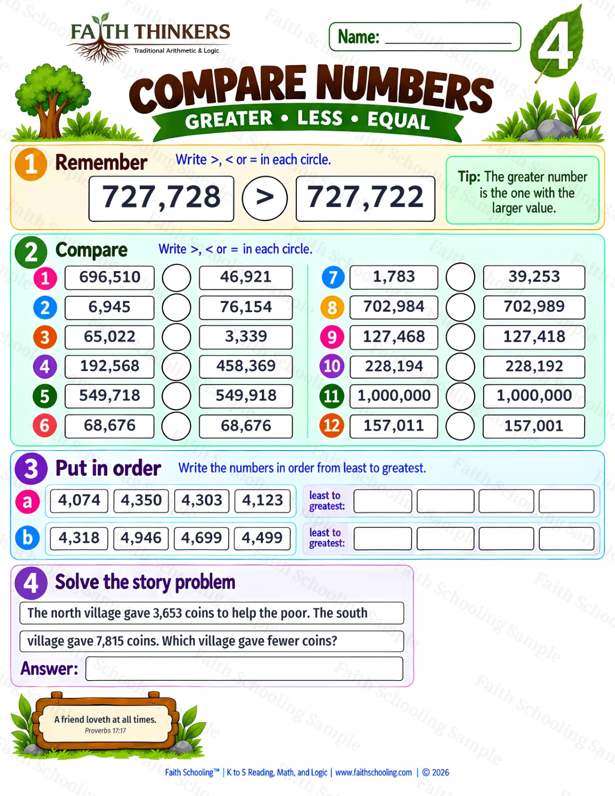 4th Grade math worksheet — Comparing and Ordering Numbers Practice 1 (free printable)