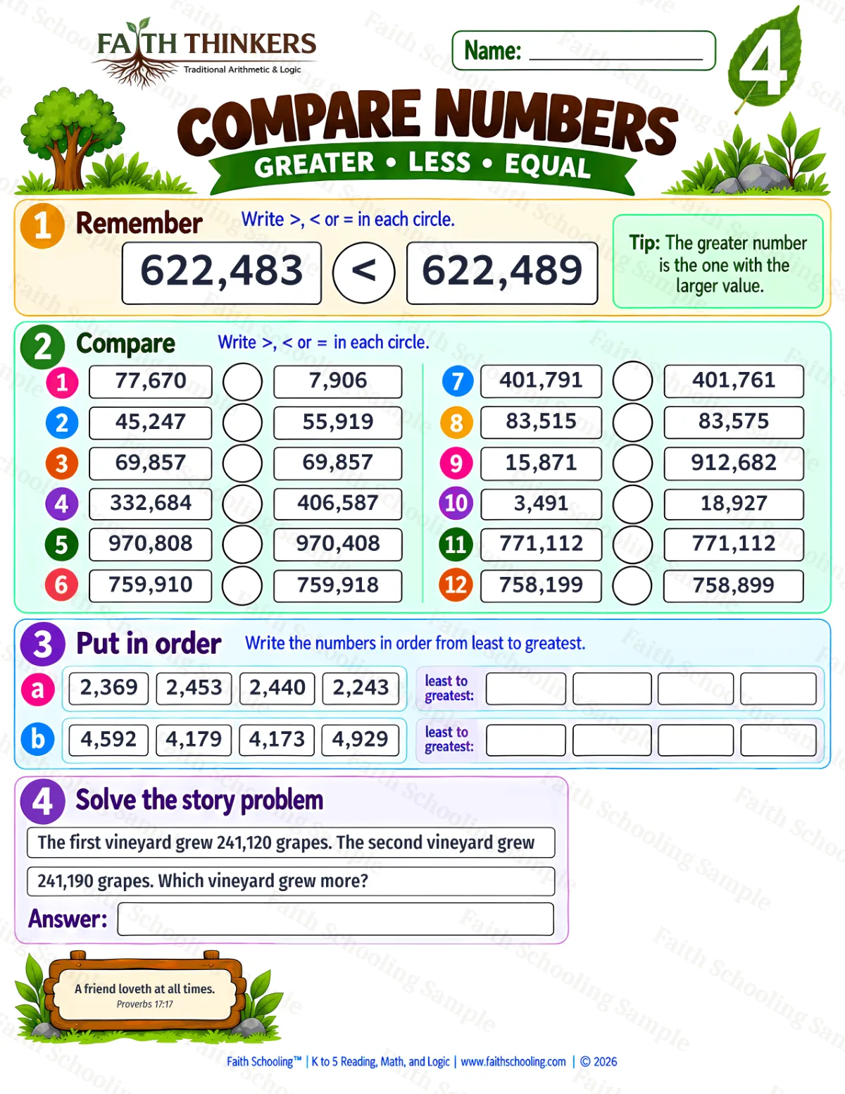 4th Grade math worksheet — Comparing and Ordering Numbers Practice 2 (free printable)