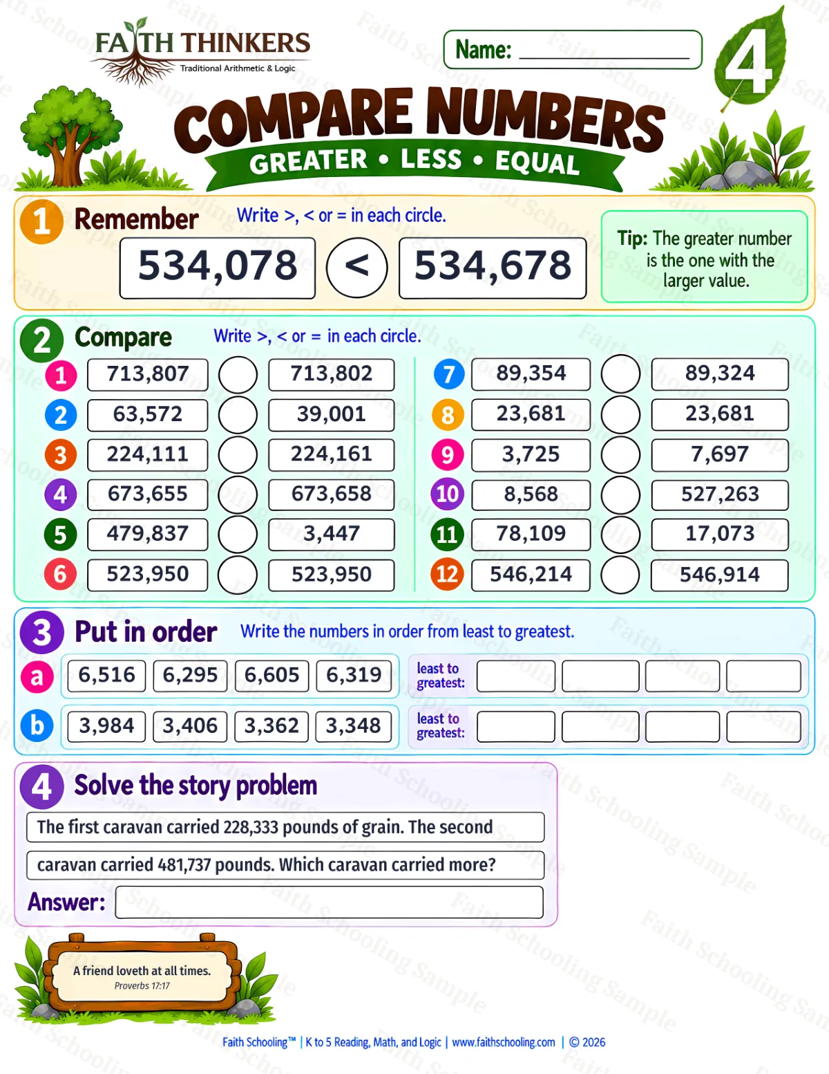 4th Grade math worksheet — Comparing and Ordering Numbers Practice 3 (free printable)