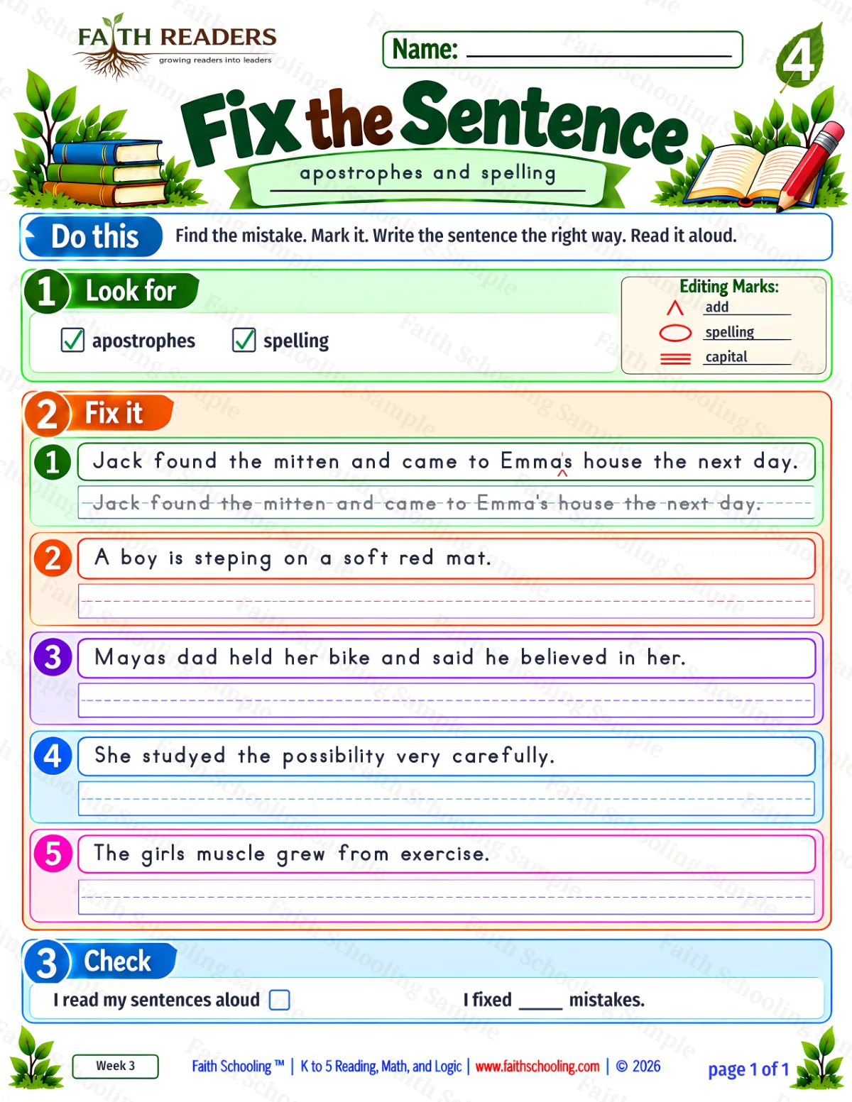 4th Grade grammar & writing worksheet — Edit and Repair. Fix The Sentence 3: apostrophes and spelling (free printable)