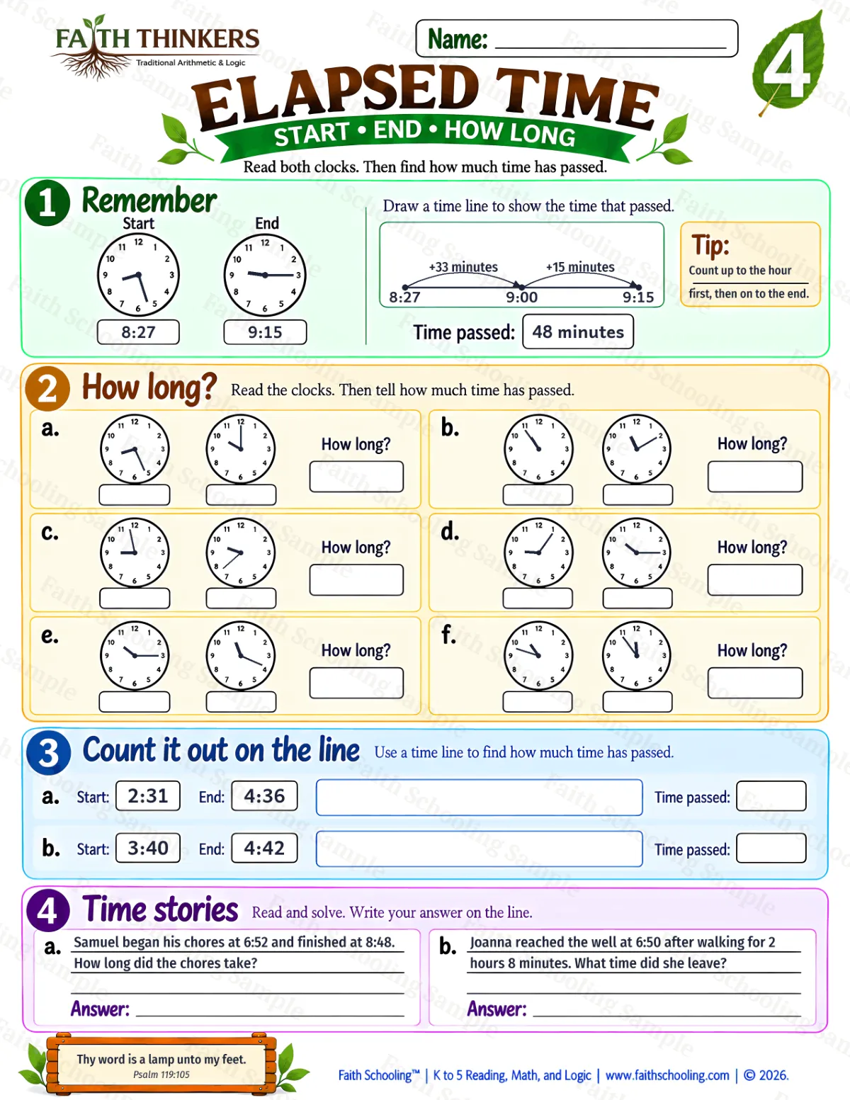 4th Grade math worksheet — Elapsed Time Practice 1 (free printable)