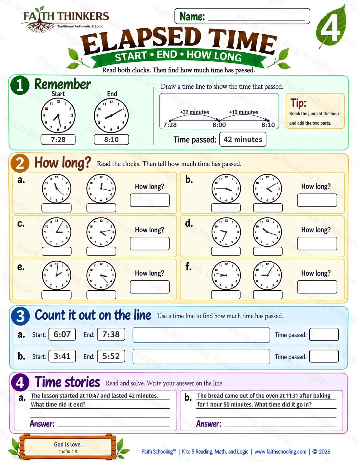4th Grade math worksheet — Elapsed Time Practice 2 (free printable)