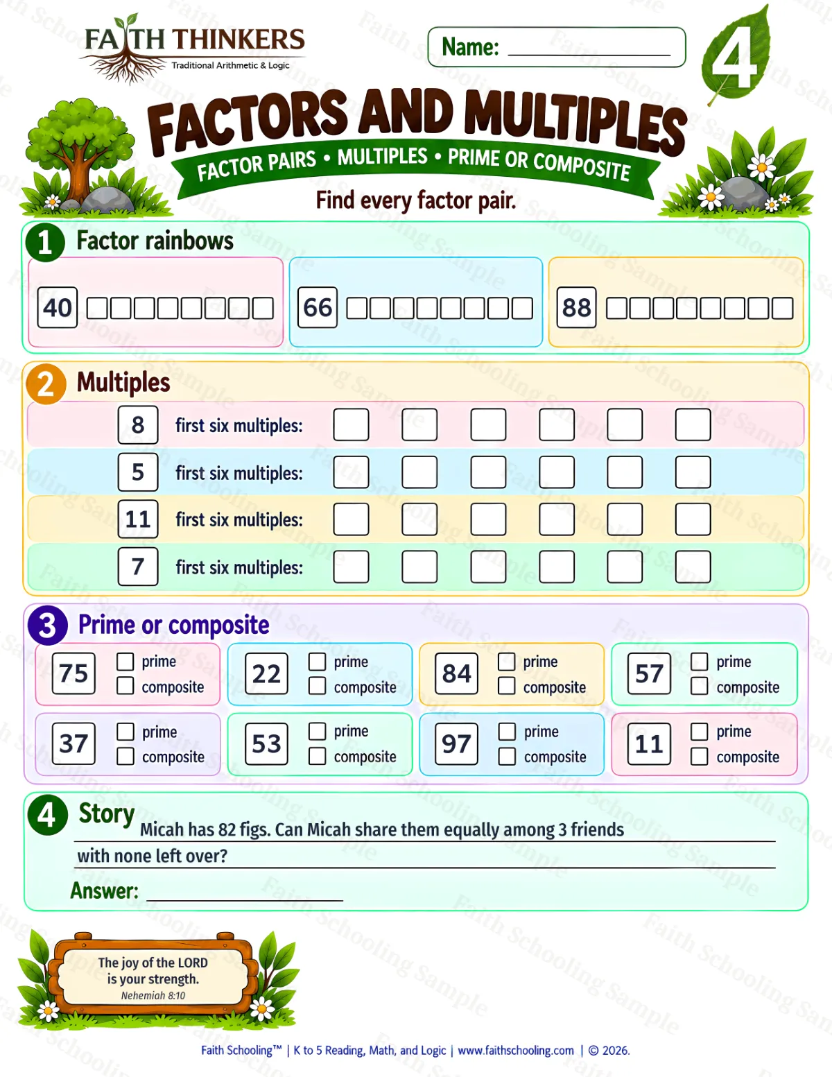 4th Grade math worksheet — Factors and Multiples Practice 1 (free printable)