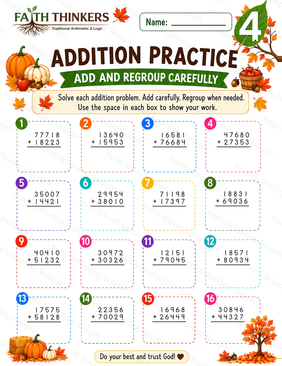 4th Grade math worksheet — Fall Addition Practice 1 (free printable)