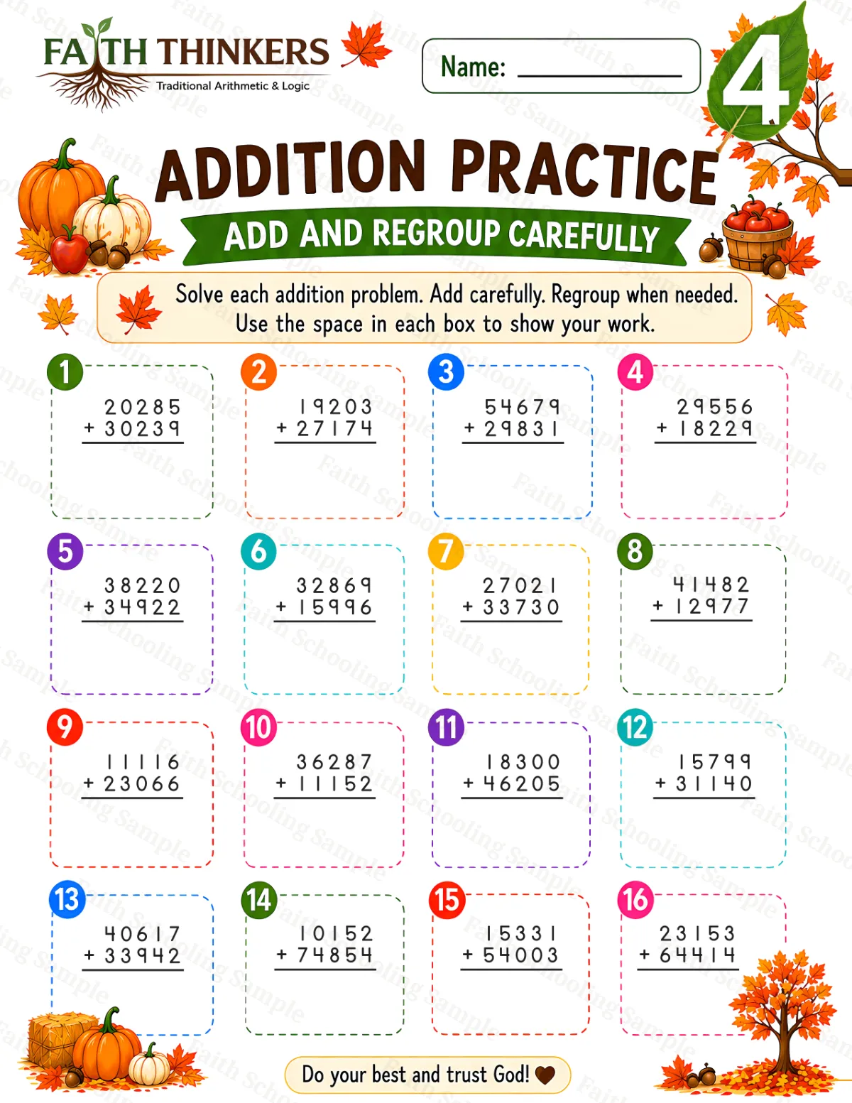 4th Grade math worksheet — Fall Addition Practice 2 (free printable)