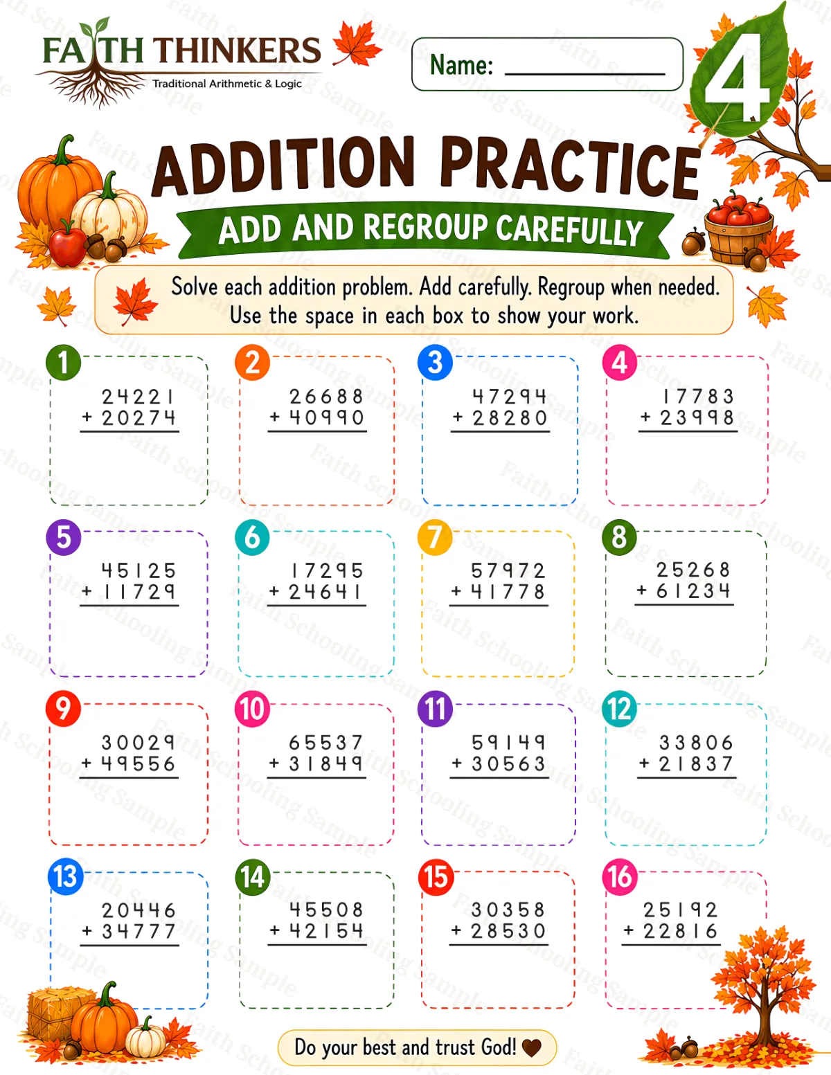 4th Grade math worksheet — Fall Addition Practice 3 (free printable)