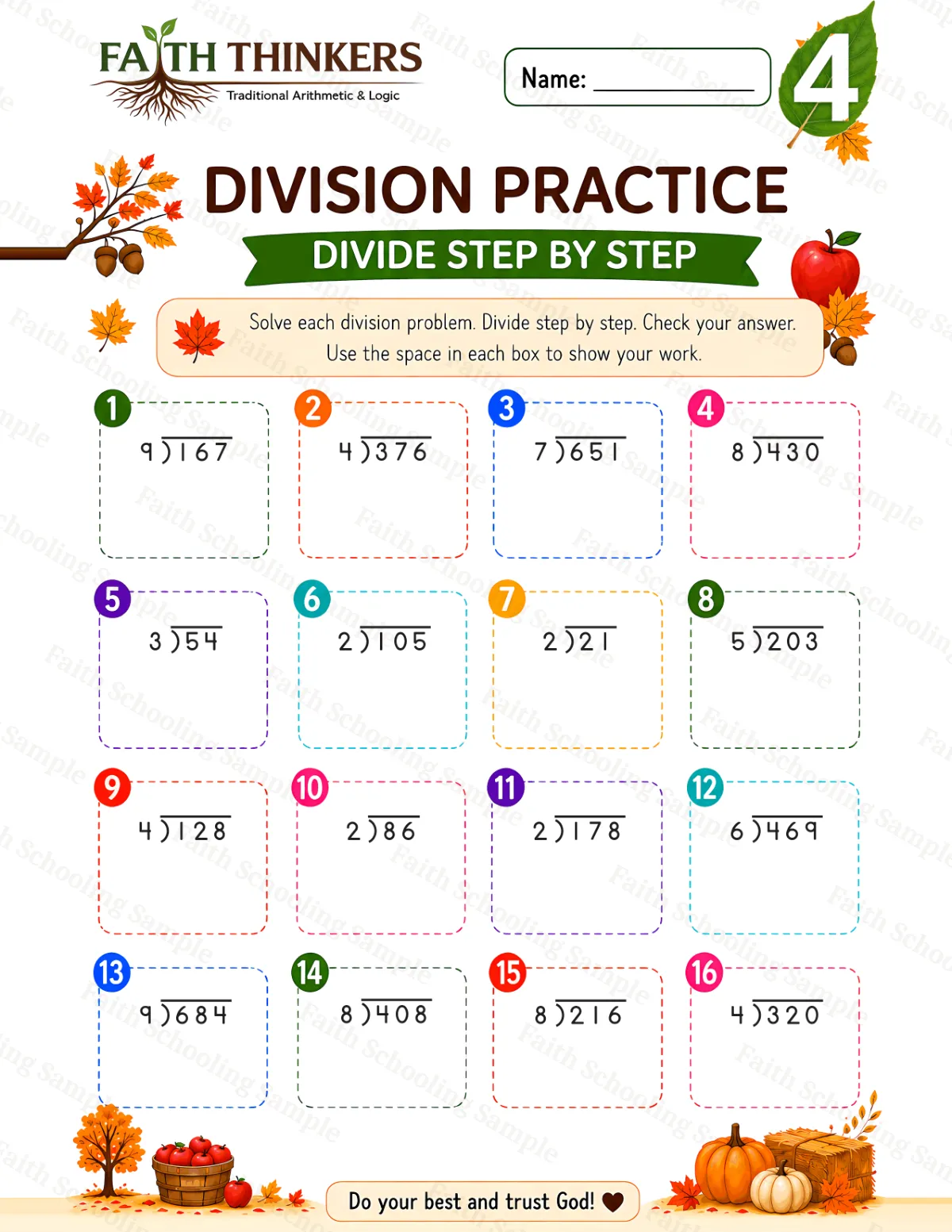 4th Grade math worksheet — Fall Division Practice 1 (free printable)
