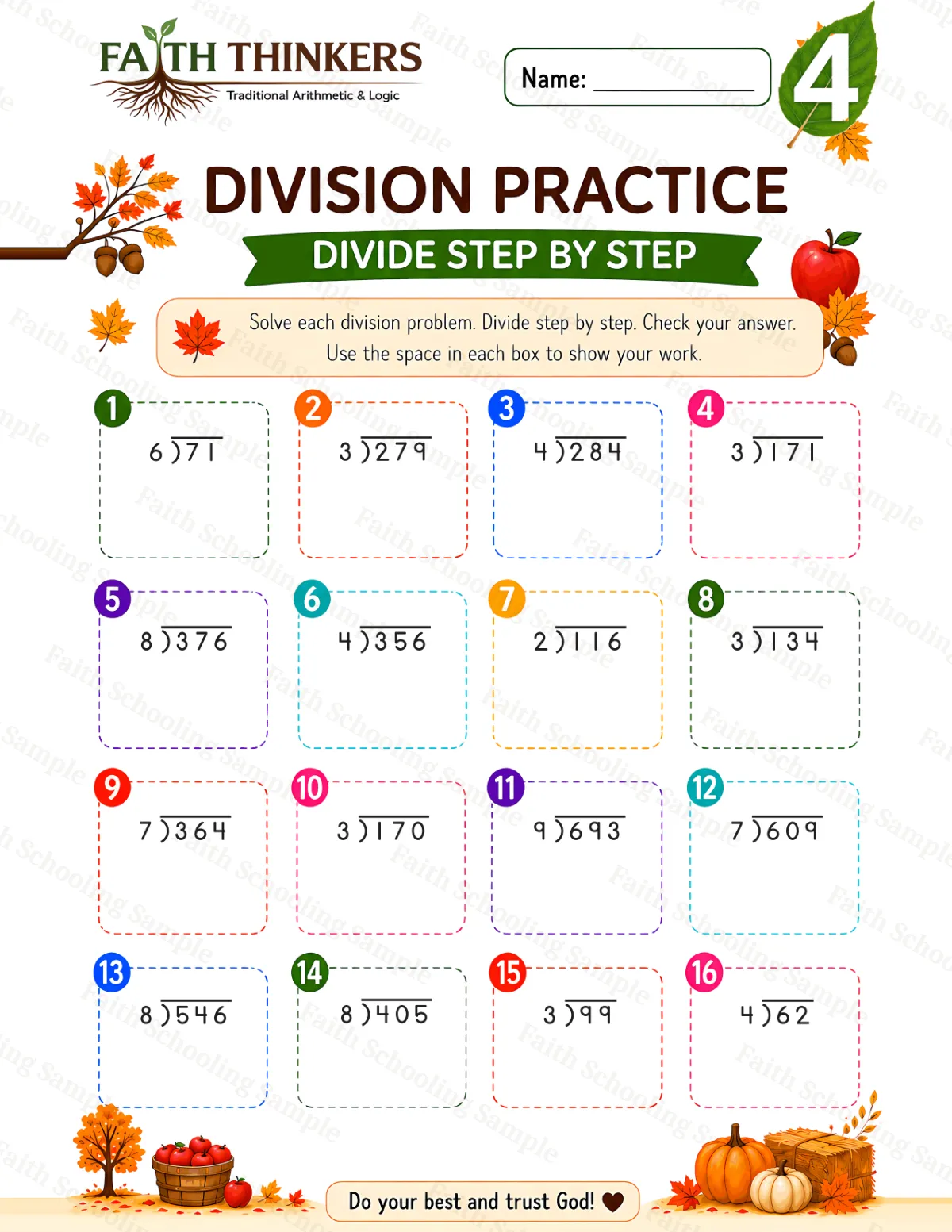 4th Grade math worksheet — Fall Division Practice 2 (free printable)