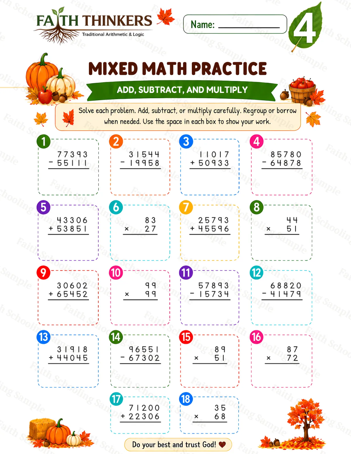 4th Grade math worksheet — Fall Mixed Practice 1 (free printable)