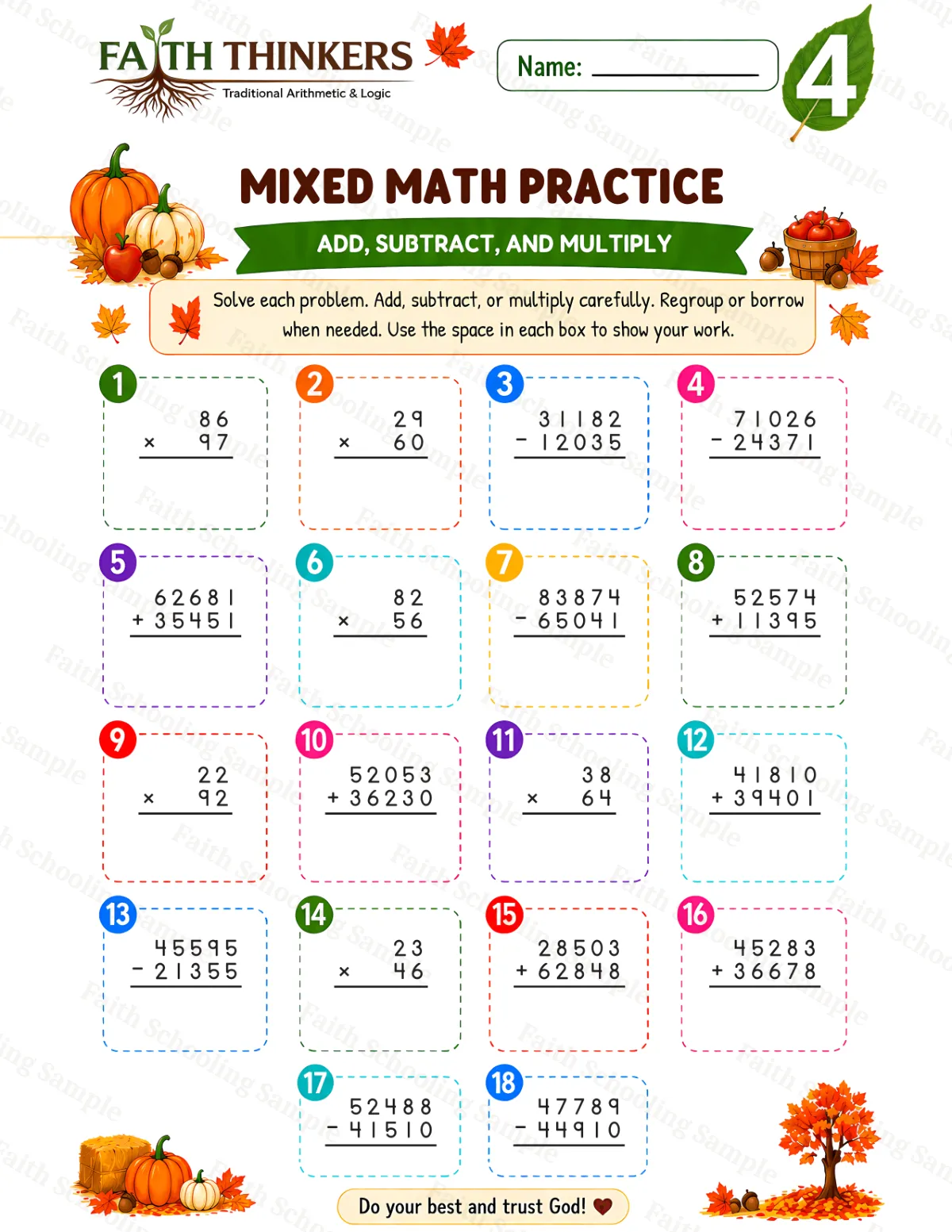 4th Grade math worksheet — Fall Mixed Practice 2 (free printable)
