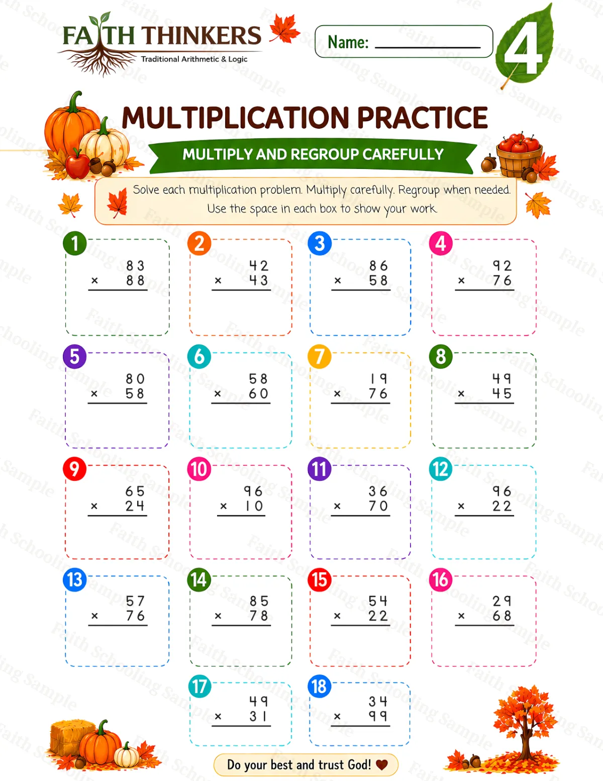 4th Grade math worksheet — Fall Multiplication Practice 1 (free printable)