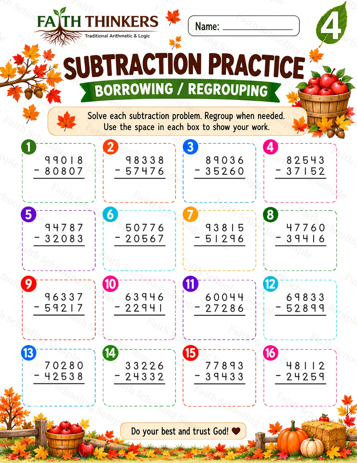 4th Grade math worksheet — Fall Subtraction Practice 1 (free printable)