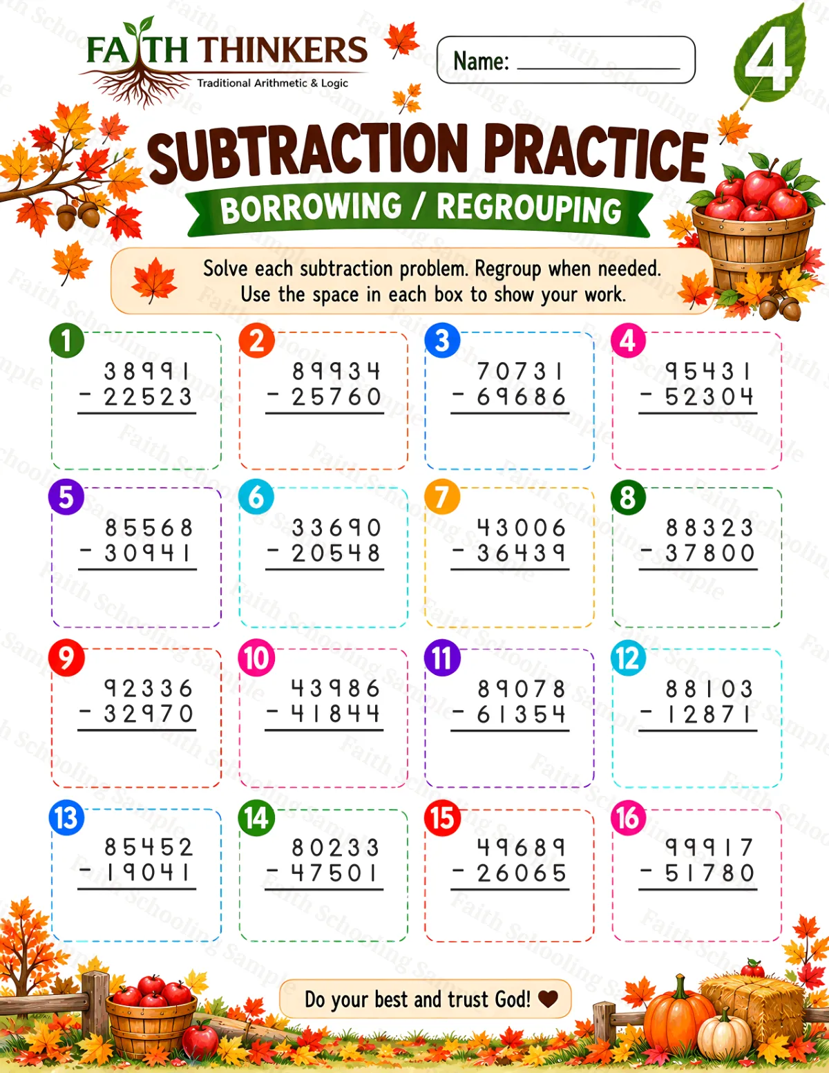 4th Grade math worksheet — Fall Subtraction Practice 2 (free printable)
