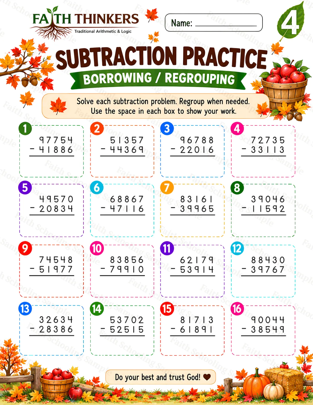 4th Grade math worksheet — Fall Subtraction Practice 3 (free printable)