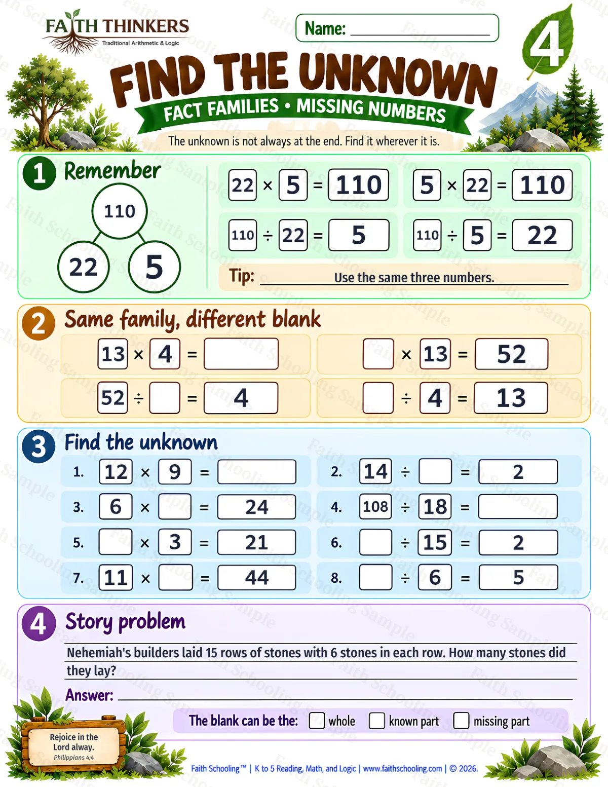 4th Grade math worksheet — Find The Unknown Practice 1 (free printable)