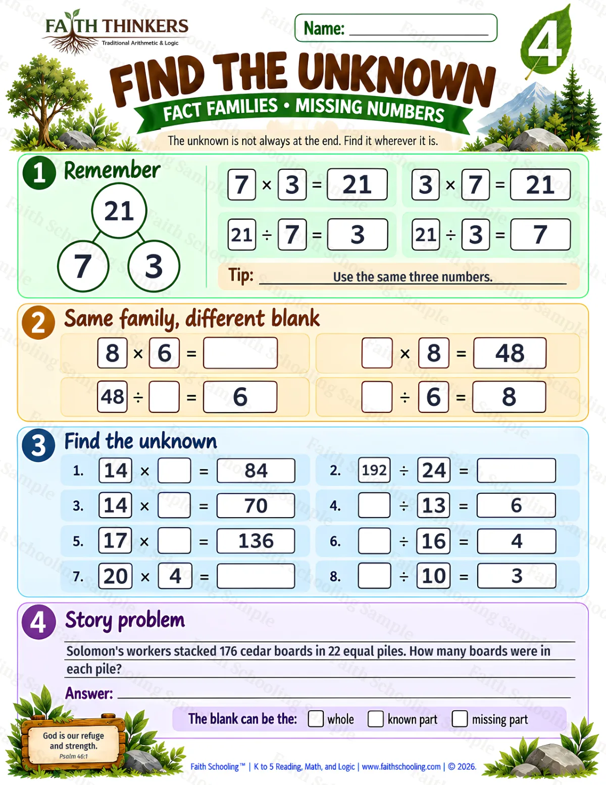 4th Grade math worksheet — Find The Unknown Practice 2 (free printable)