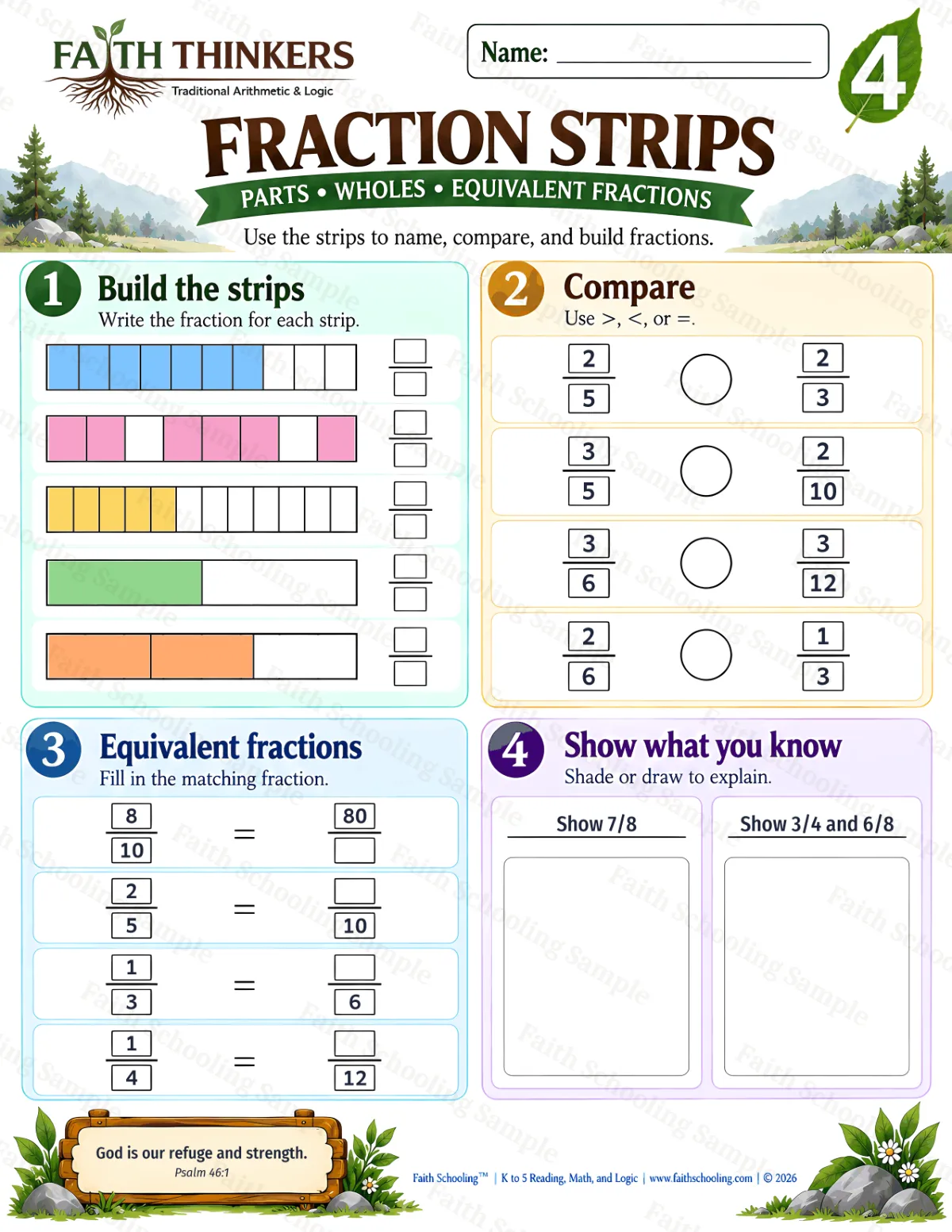 4th Grade math worksheet — Fractions Practice 1 (free printable)