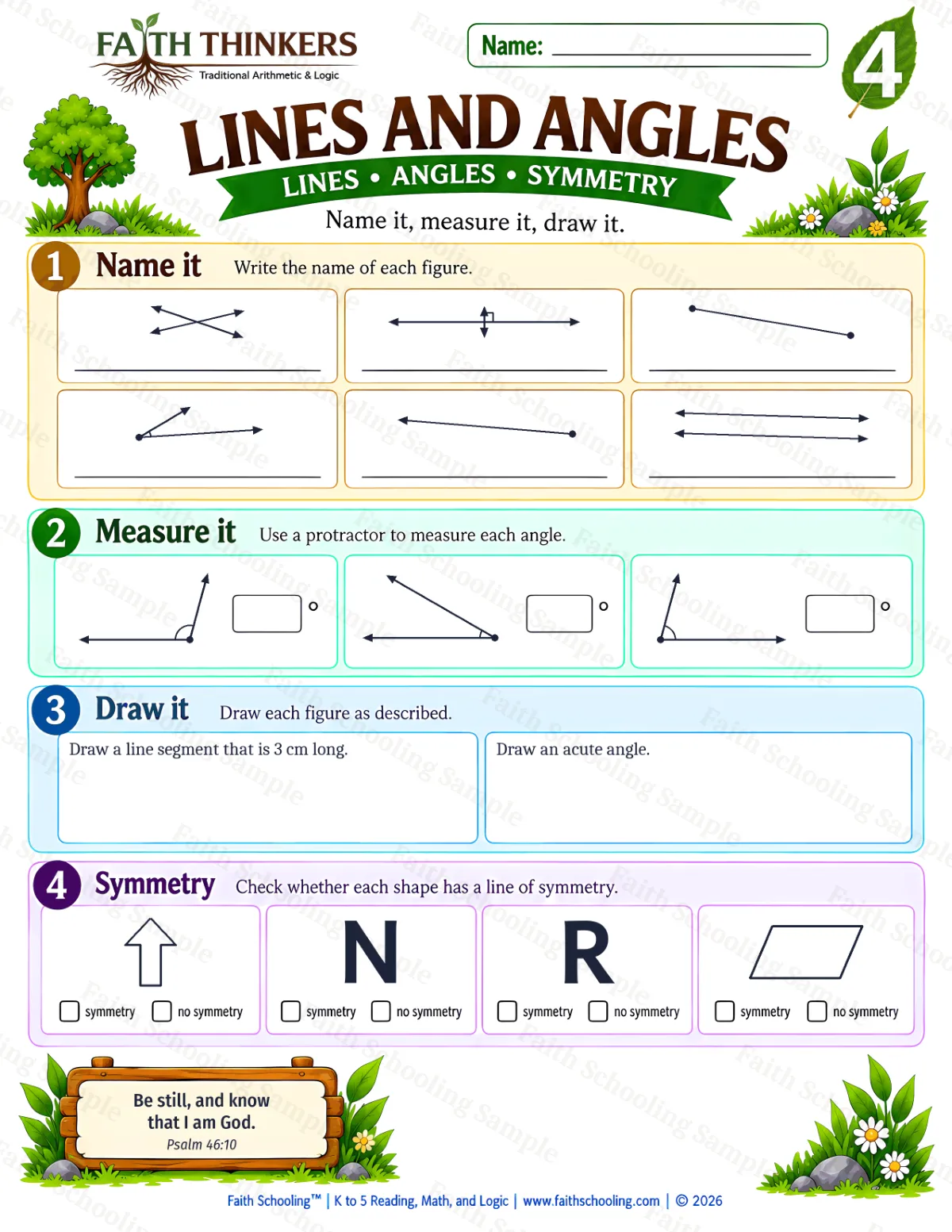 4th Grade math worksheet — Lines And Angles Practice 1 (free printable)