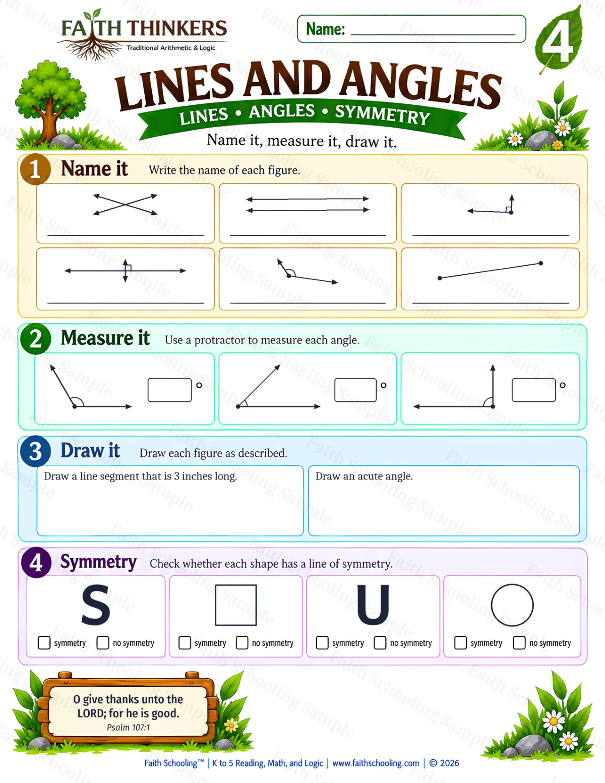 4th Grade math worksheet — Lines And Angles Practice 3 (free printable)
