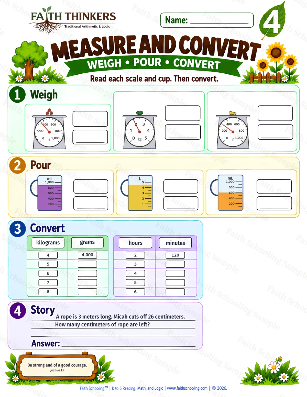 4th Grade math worksheet — Measurement Units Practice 1 (free printable)