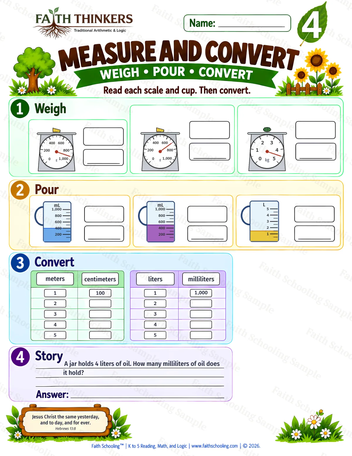 4th Grade math worksheet — Measurement Units Practice 2 (free printable)